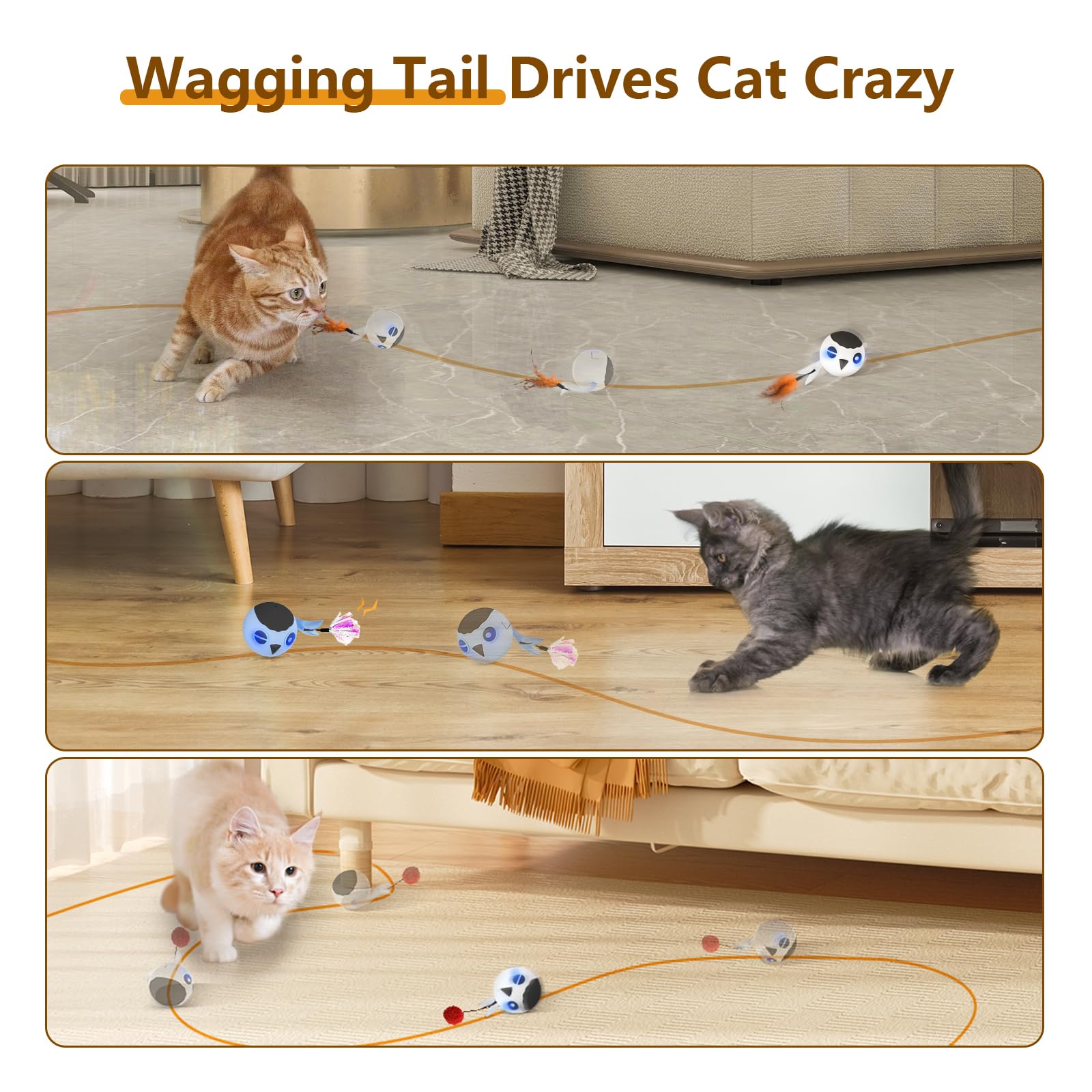 ORSDA 3 PCS Replacement Refills, Cat Toys Feather Tail,Crinkle Balls, Pom Pom Balls for Interactive Kitten Toys for Indoor Cats(
