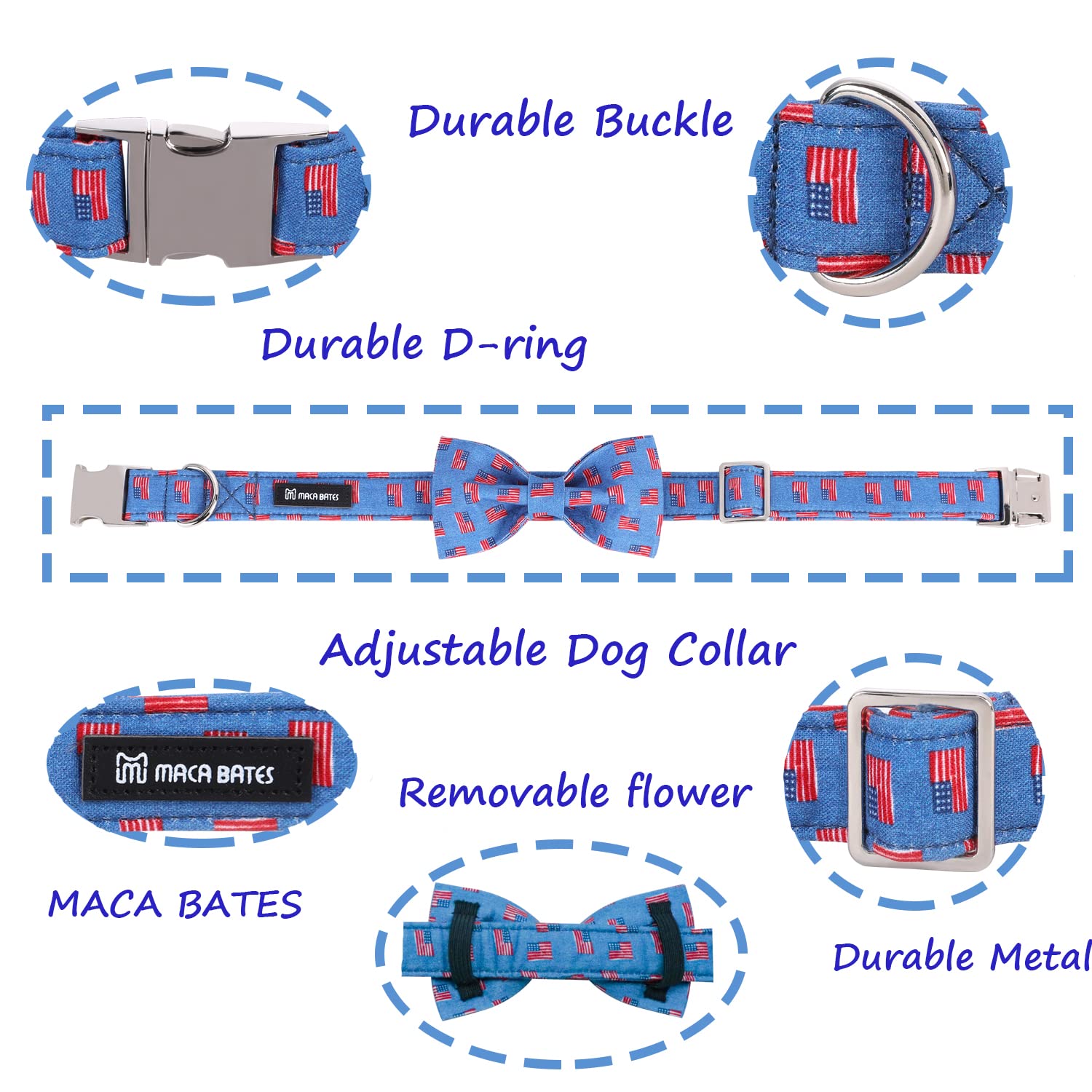 Maca Bates American Flag 4Th Of July Dog Collar With Bow Tie For Dogs Bowtie 4 Of 7 Flags Blue Adjustable Durable Patriotic Coll