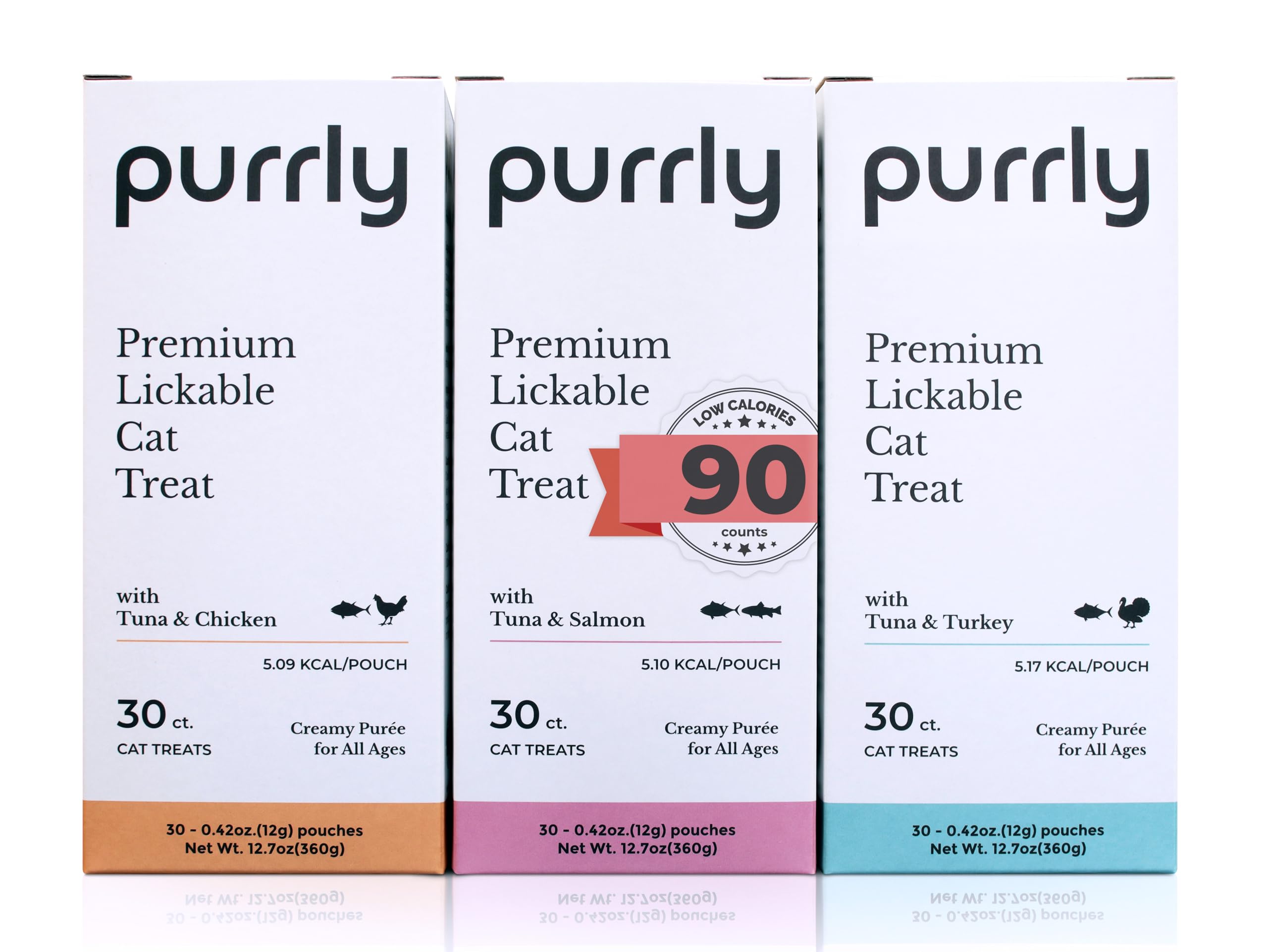 Purrly Healthy Premium Cat Treats Snack Topper Tuna Variety Bundle (90 Count) Lickable Wet Squeezable Hydrating Interactive Seaf