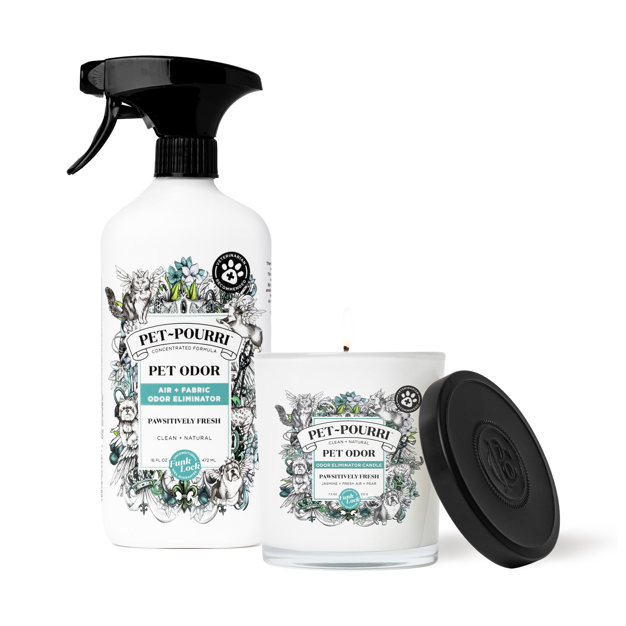 Pet-Pourri Pawsitively Fresh Pet Odor Bundle - 16 Fl Oz Air And Fabric Freshener Spray And 7.5 Oz Candle - Jasmine, Fresh Air An