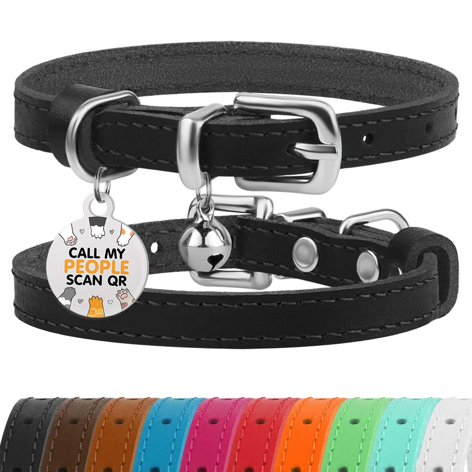 Bronzedog Leather Cat Collar With Removable Bells Non Breakaway Kitten Qr Tag For Girl Boy (7' - 9' For Cats, Black & Silver)