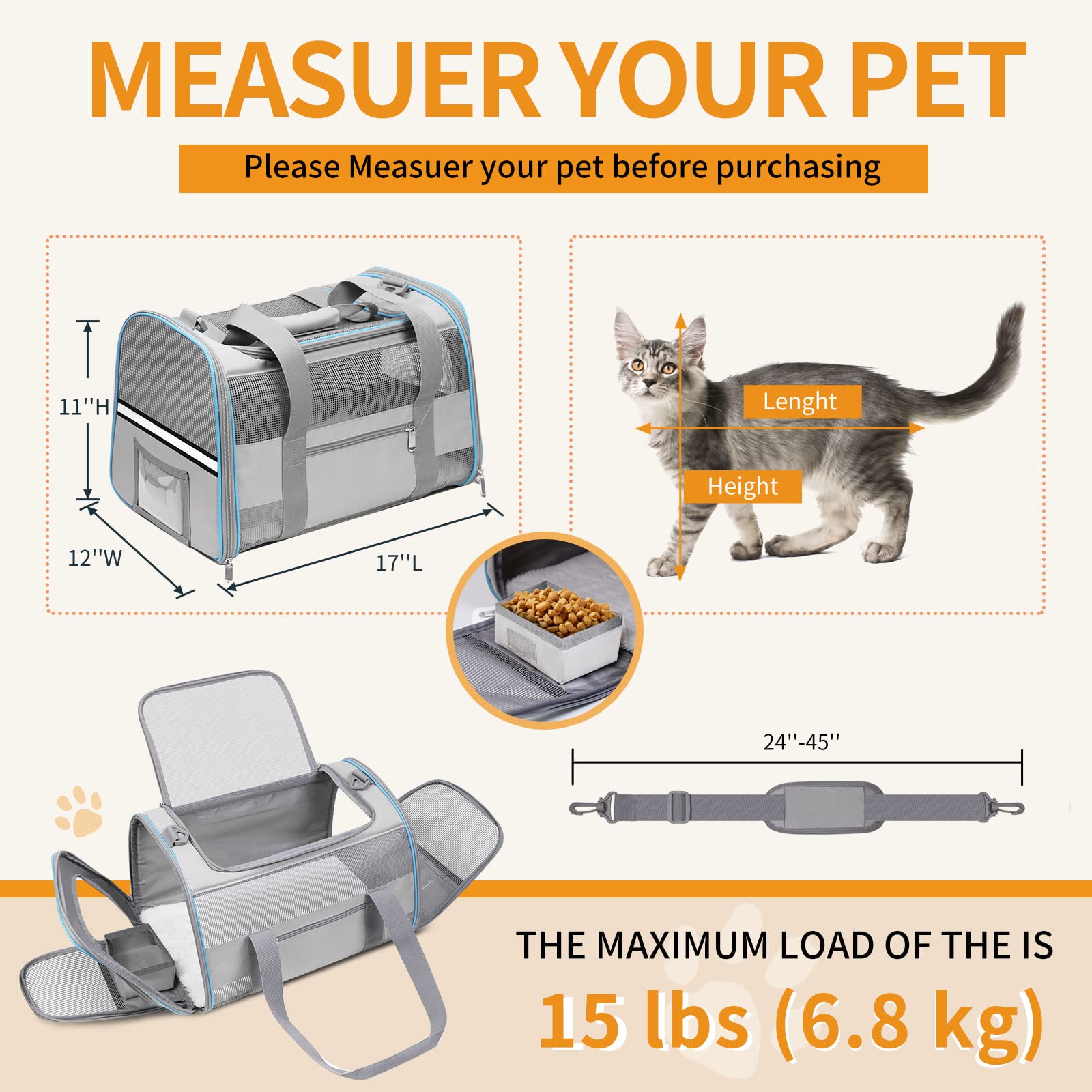 Cussiou Cat Carrier Dog Carrier Tsa Airline Approved For Small Dogs Cats Under 15 Lbs, Collapsible Soft Sided Travel Pet Carrier