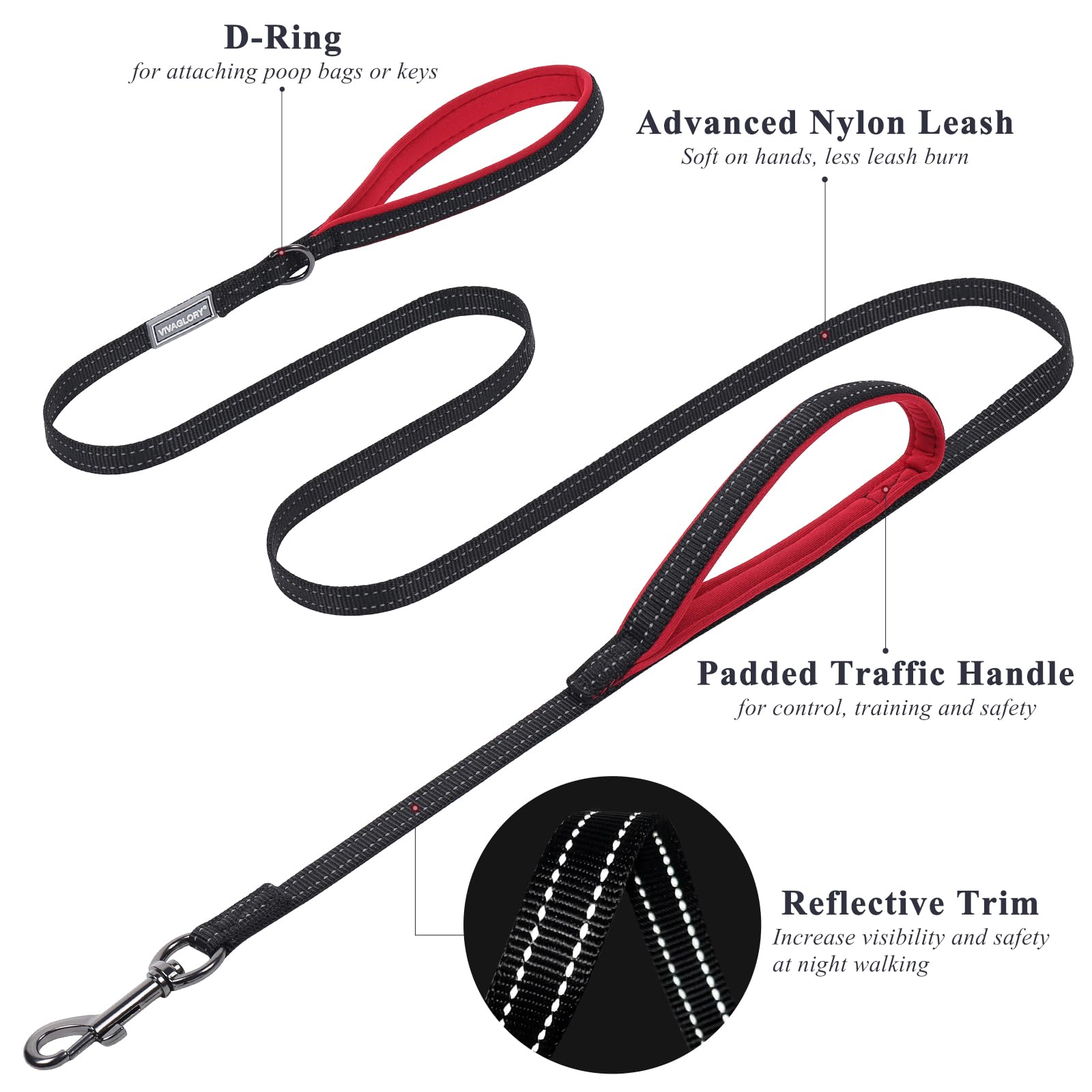 Vivaglory Traffic Handle Dog Leash, Two Padded Soft Handles Dog Leash, Strong Reflective & Metal Hook Training Pet Lead, Orange