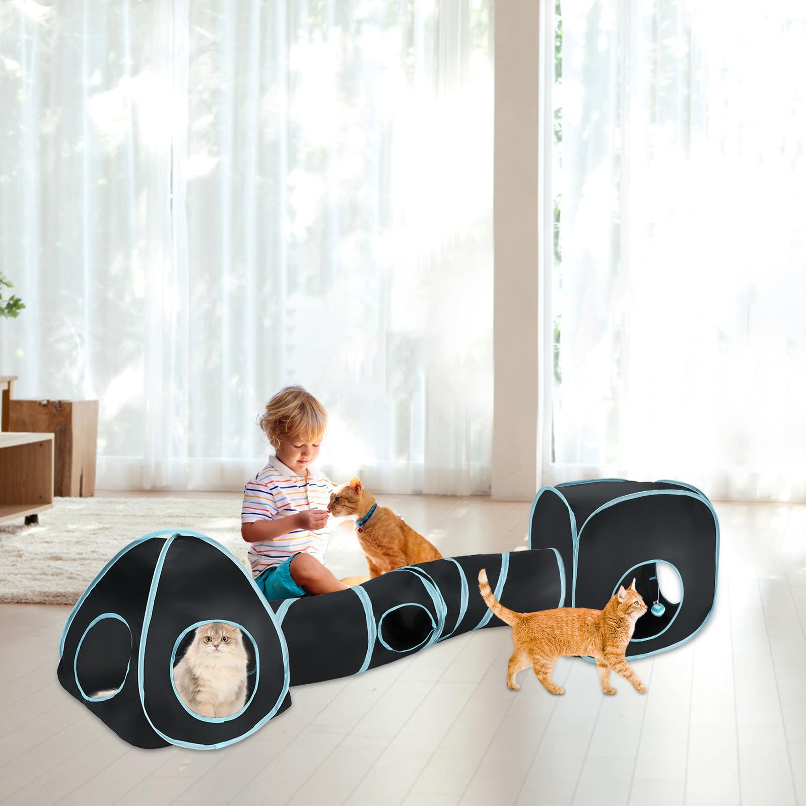 YUEPET Large Rabbit Tunnel and Cube - Collapsible Interactive Crinkle Toy for Dwarf Bunny & Guinea Pig, Black Blue