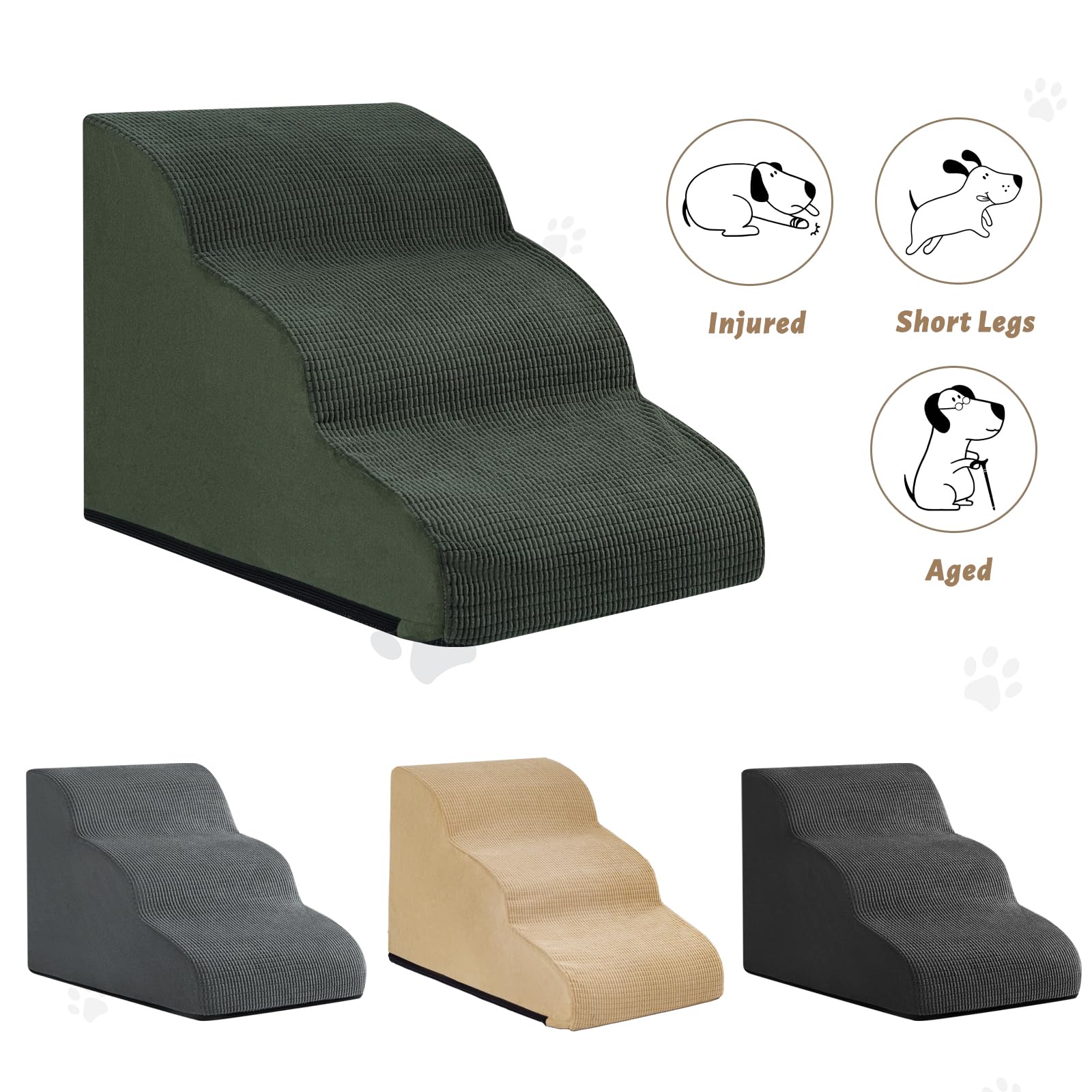 Aodisman 3-Step Dog Ramp and Stairs for Sofa and Chair - Non-Slip Sturdy Pet Steps for Small Dogs and Cats,15.7 H,Green