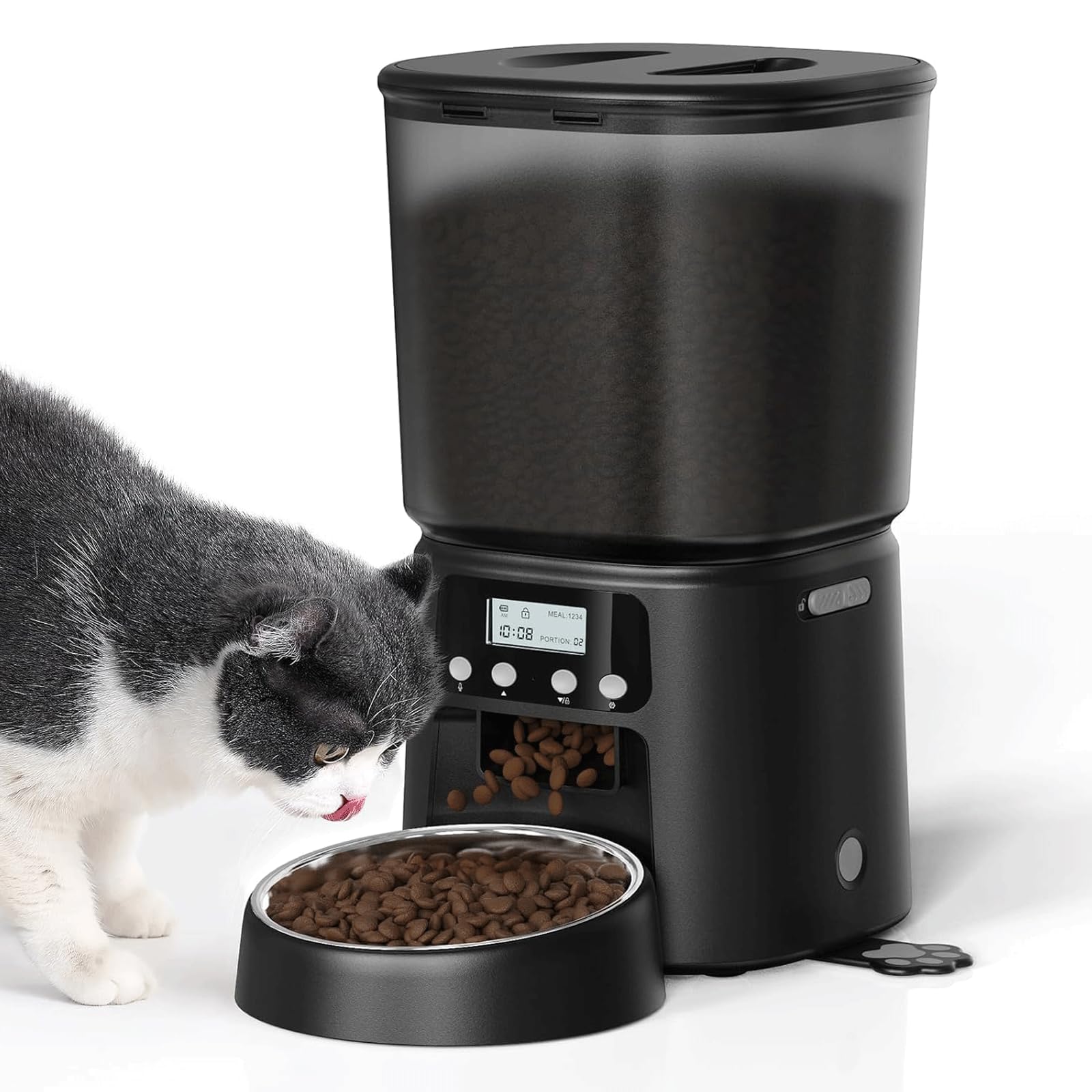 Petrice Automatic Cat Feeder, 4L/16Cups Cat Food Dispenser with Stainless Steel Bowl Programmable 30 Portions 6 Meals per Day, T