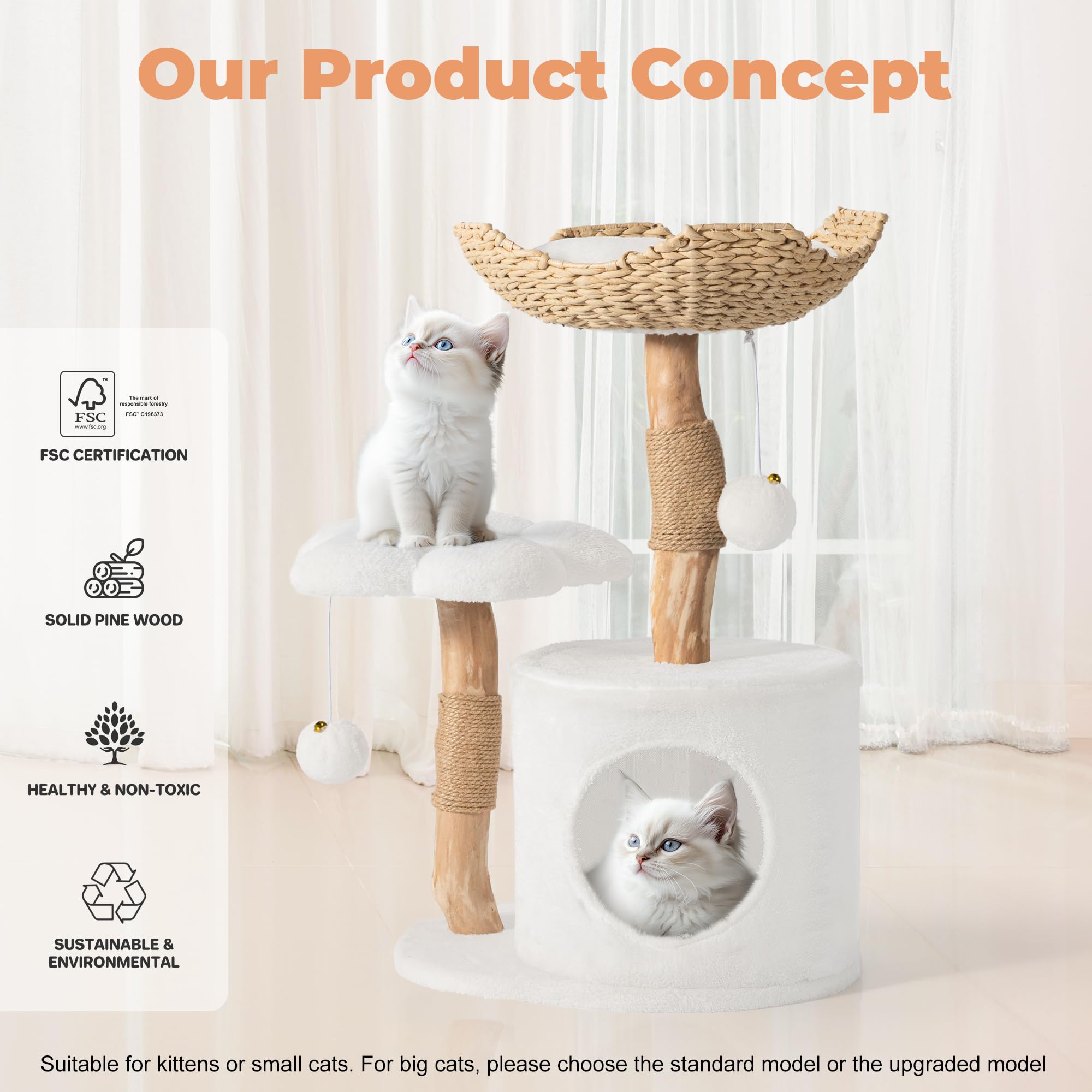 Modern Cat Tree, Wood Cat Tree Tower for Small Cats, Luxury Cat Condo with Scratching Posts and Flower Platforms, Cat Furniture