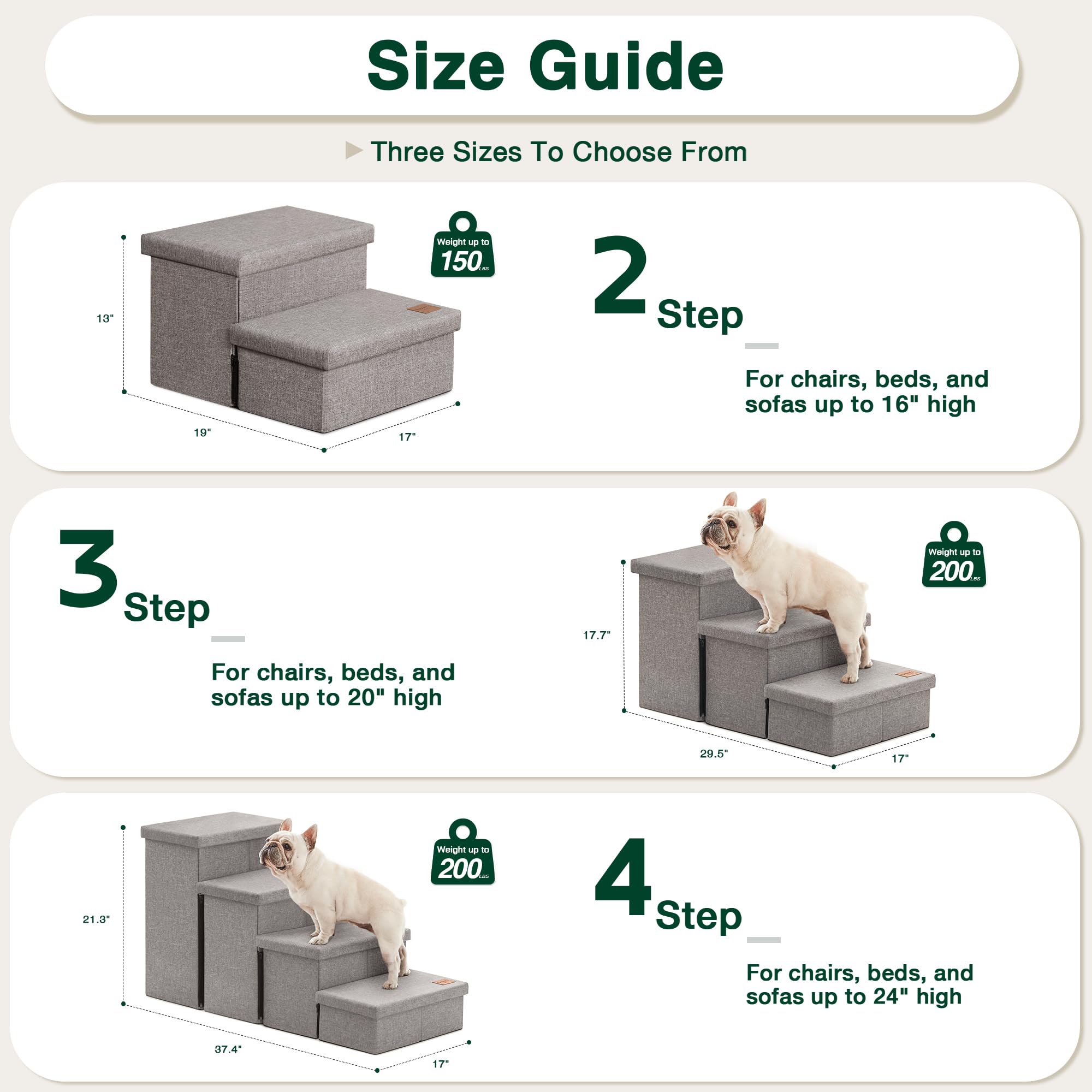 Love'S Cabin Dog Stairs For High Bed 18'H,Foldable Pet Stairs For Small Medium Or Large Dogs Puppy With Storage For Bed Or Couch, Cat Dog Steps Ramp With Zip Up To 210 Lbs(Solid Grey,3 Steps No Condo)