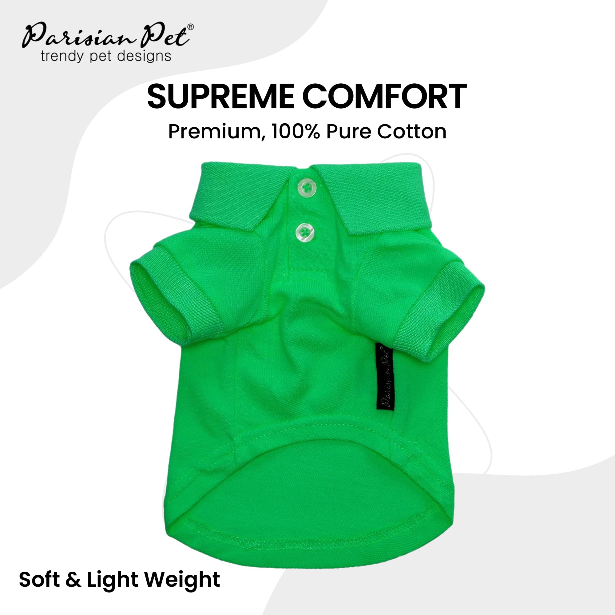 Parisian Pet Dog Polo Shirts - Breathable Dog Cotton Shirt - Solid Green Color, Summer Pullover Dog Clothes - Button Up Collar,