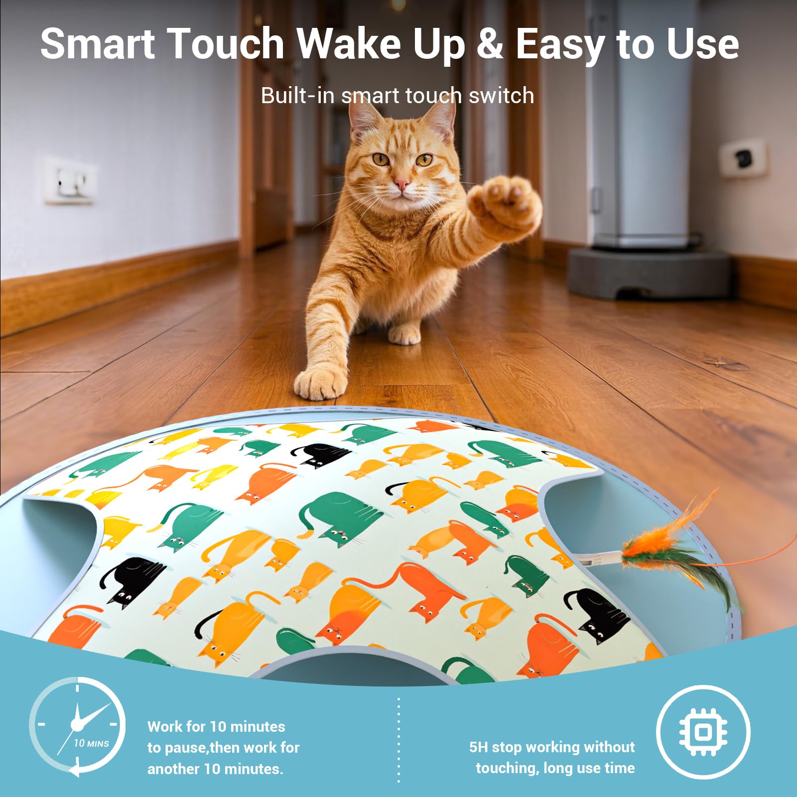 WAKHJAKT Interactive Cat Toy Rechargeable, 2-in-1 Automatic Cat Toys with Hide/Seek Mode, Moving Concealed Feathers, Speed Adjus