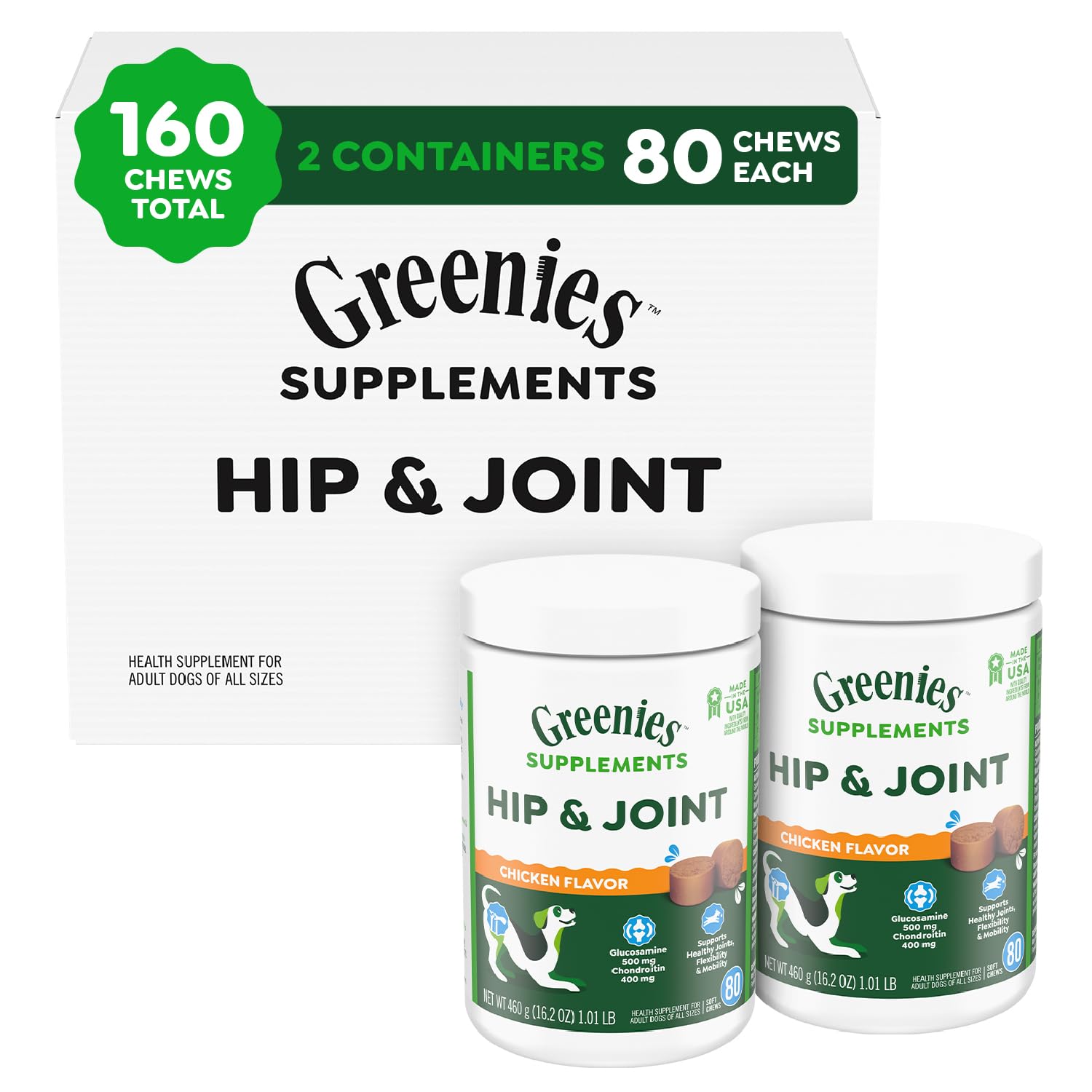 Greenies Supplements Hip and Joint Supplement for Dogs, Chicken Flavor, 80-Count Tub, Pack of 2