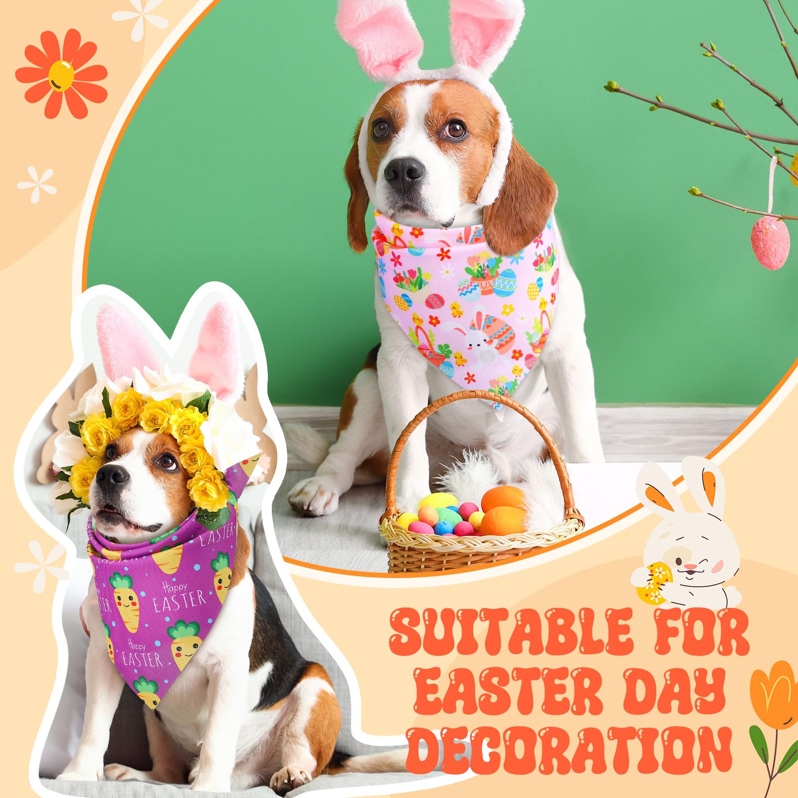 Preboun 50 Pcs Easter Dog Bandanas Bulk Bunny Dog Bandanas For Dogs Eggs Bibs Dog Scarf Easter Day Dog Bandanas For Easter Puppy