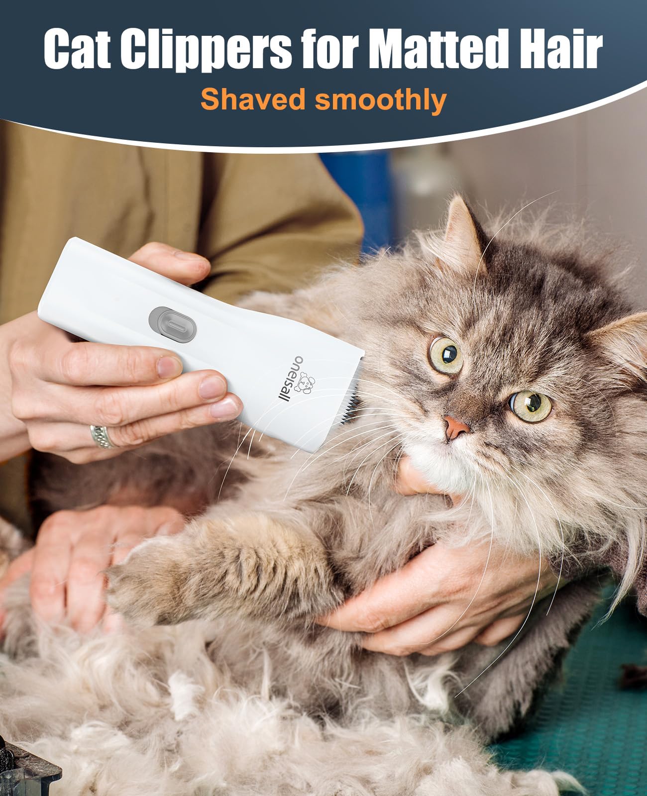 oneisall Pet Clipper for Cats, Cordless Quiet Hair Clippers, White Standard Size, Ideal for Matted & Long Hair