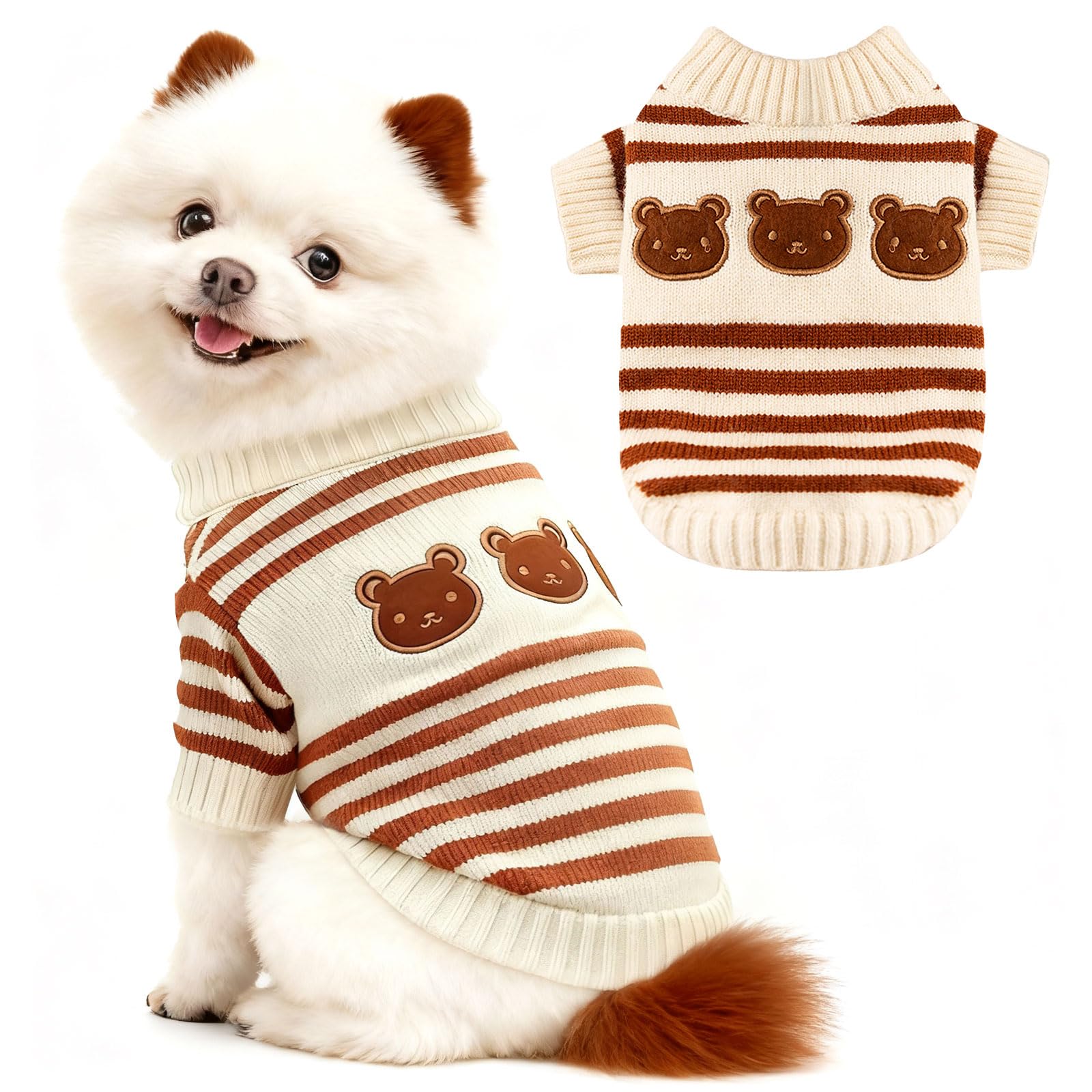 AXIIJGL XS Dog Sweater with Cute Bear Pattern, Striped Soft Stretchable Warm Puppy Clothes for Small Dogs Cats, French Bulldog, 