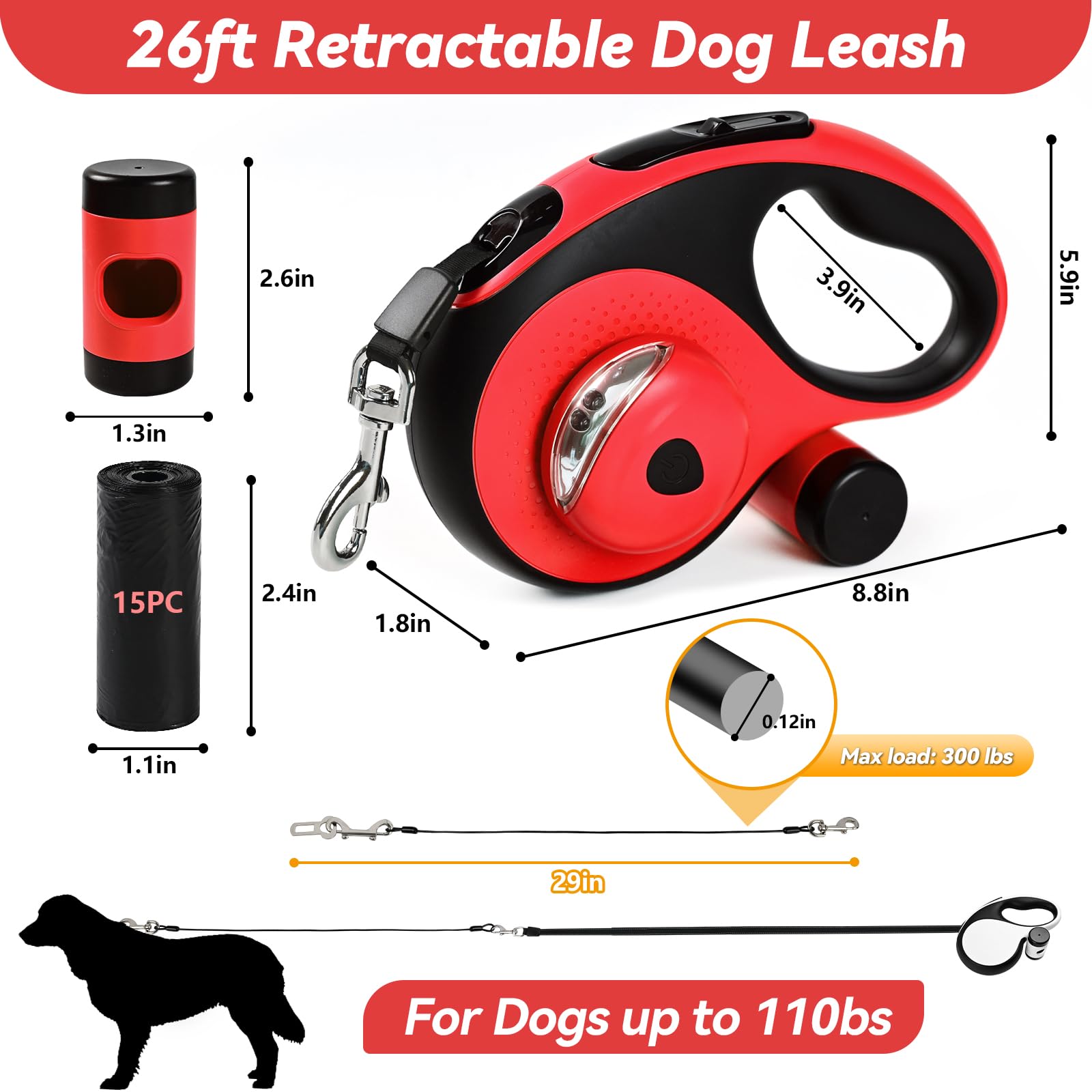 ODRIEW Retractable Dog Leash - Heavy Duty 26ft for Large Dogs up to 110lbs, Chew Proof, LED Light, Red