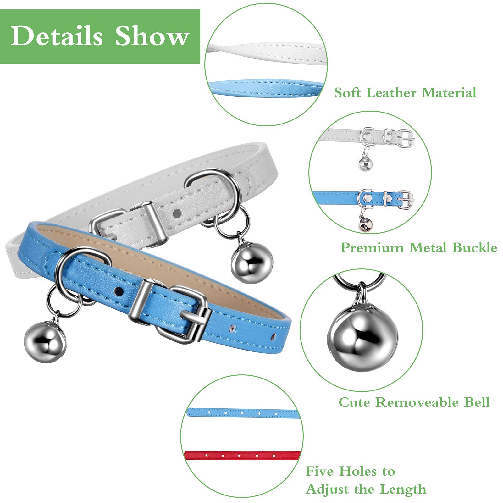 Weewooday 6 Pieces Leather Cat Collar With Bell Leather Kitten Collar Cat Collar For Boy Cats, Girl Cats With Safety Elastic Strap Cute Pet Collars For Small Cat Kitten Puppy(Fresh Color)