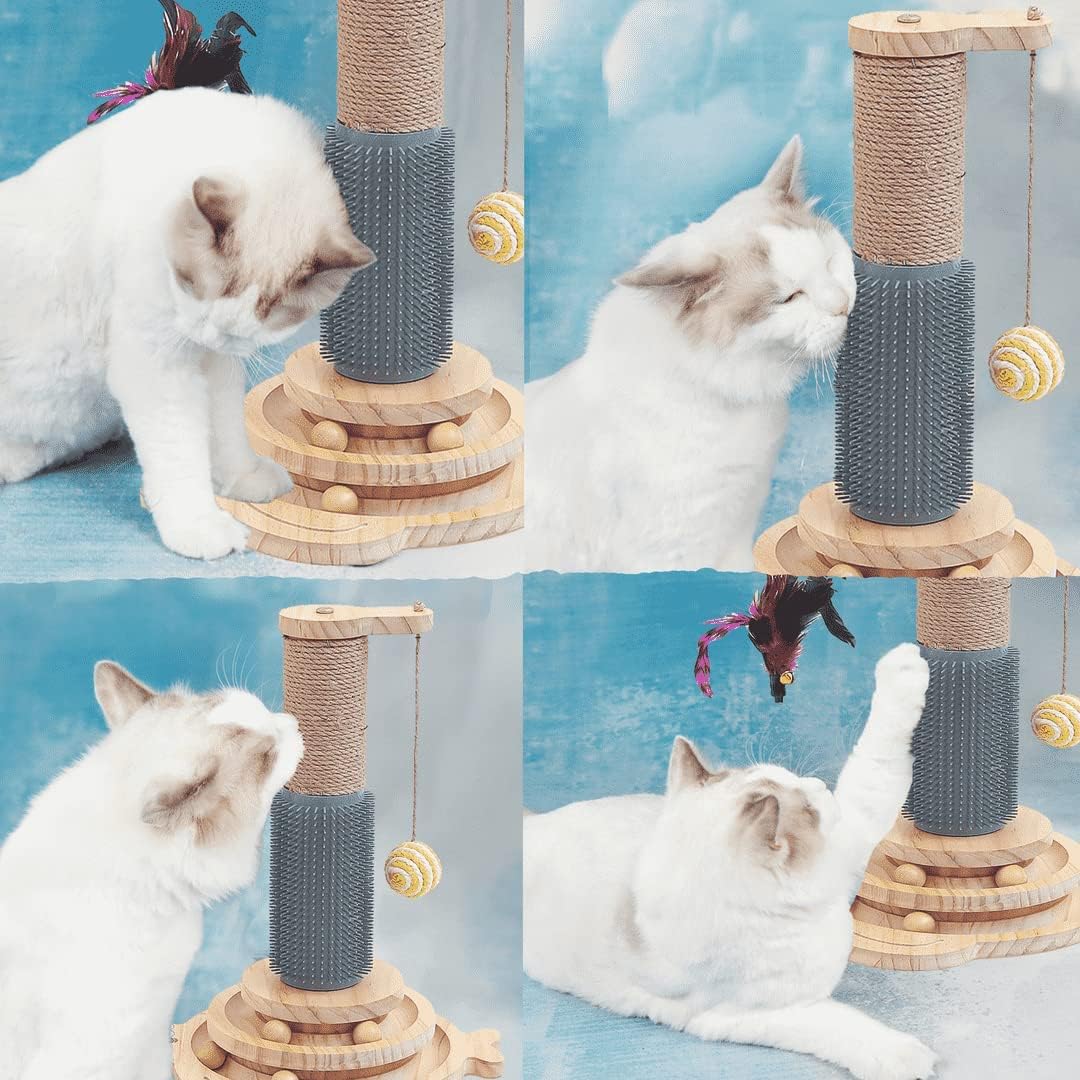 Marchul Cat Toy Roller 2-Level Turntable, Wooden Cat Track Toy With Scratching Post, Interactive Kitten Fun Track Toy For Indoor Cats