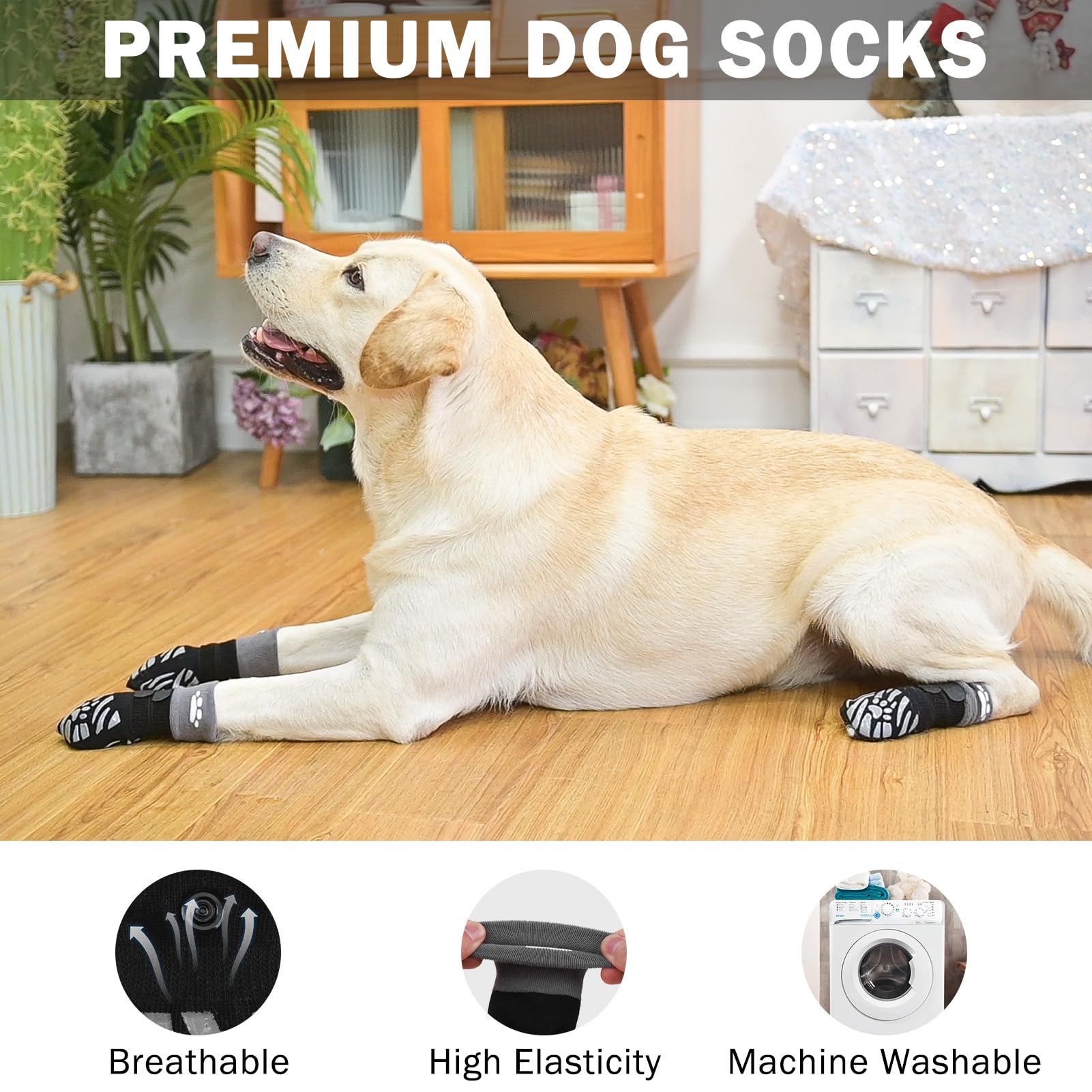 SCENEREAL Dog Socks - Licking Prevention, Grippy Booties, M Size, Black, for Hot/Cold Pavement, Senior Dogs, Pack of 4