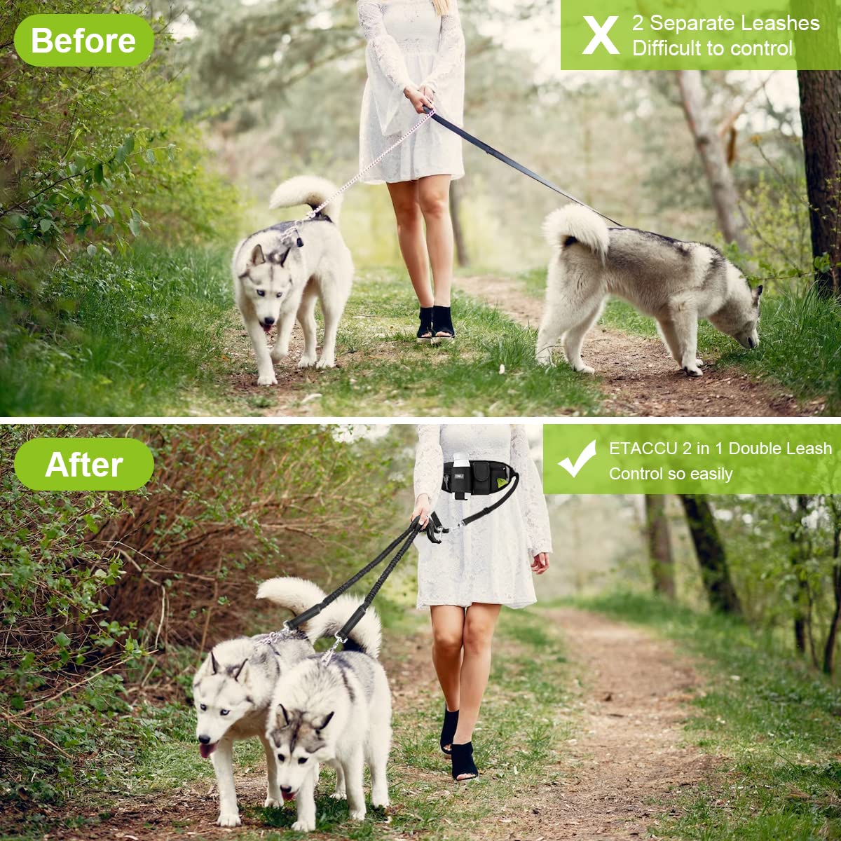 Etaccu Hands Free Dog Leash For 2 Dogs With Dual Heavy-Duty Traffic Handle, Retractable Dog Walking Belt, Adjustable Dog Running Waist Belt With Pouch, Reflective Stitches Leash For Jogging Black