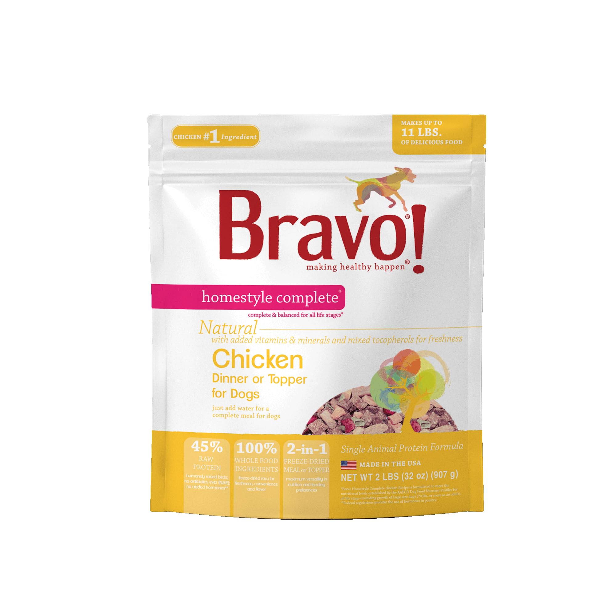 Bravo! Homestyle Complete Freeze Dried Raw Dog Food or Topper, Chicken, 2 Pounds, Add Water to Rehydrate for up to 9 Pounds of F