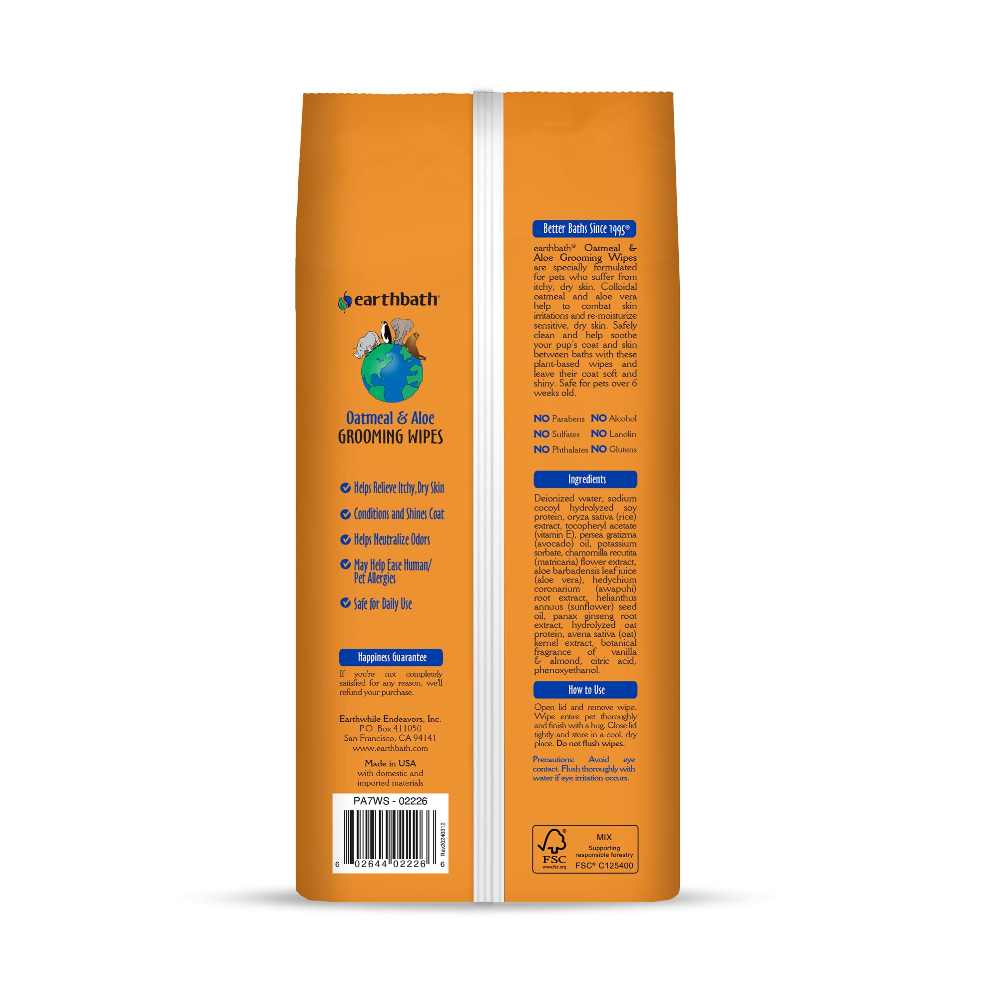 Earthbath, Oatmeal & Aloe Grooming Wipes - Dog Wipes For Paws And Butt, Pet Wipes For Dogs & Cats, Helps Relieve Itchy & Dry Ski