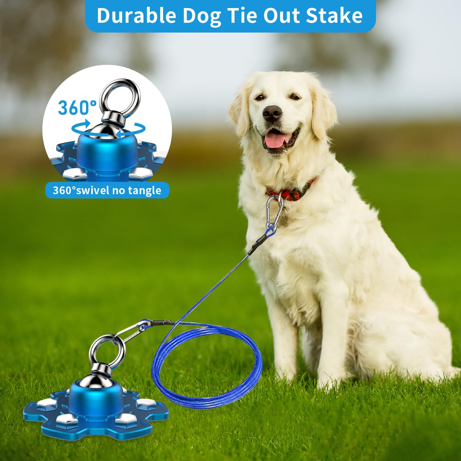 Dog Tie Out Stake for Camping - Heavy Duty 360 Swivel Anchor for Pets Runner, Portable and Easy to Install Tie Out System for La