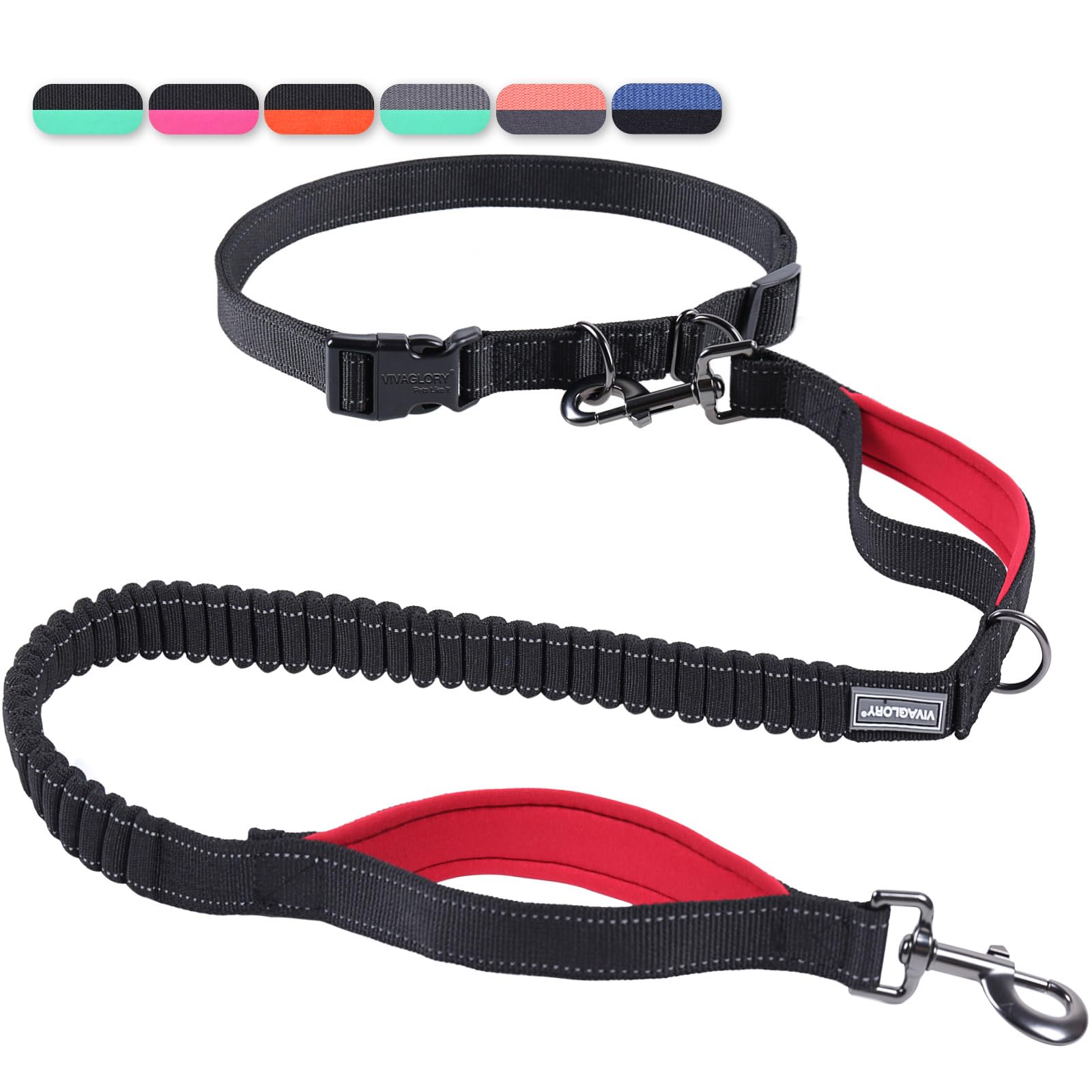 Vivaglory Hands Free Dog Leash With Shock-Absorbing Bungee For Medium & Large Dogs, Reflective Adjustable Waist Leash With Dual Padded Handle For Walking, Jogging, Running, Hiking, Black-Red