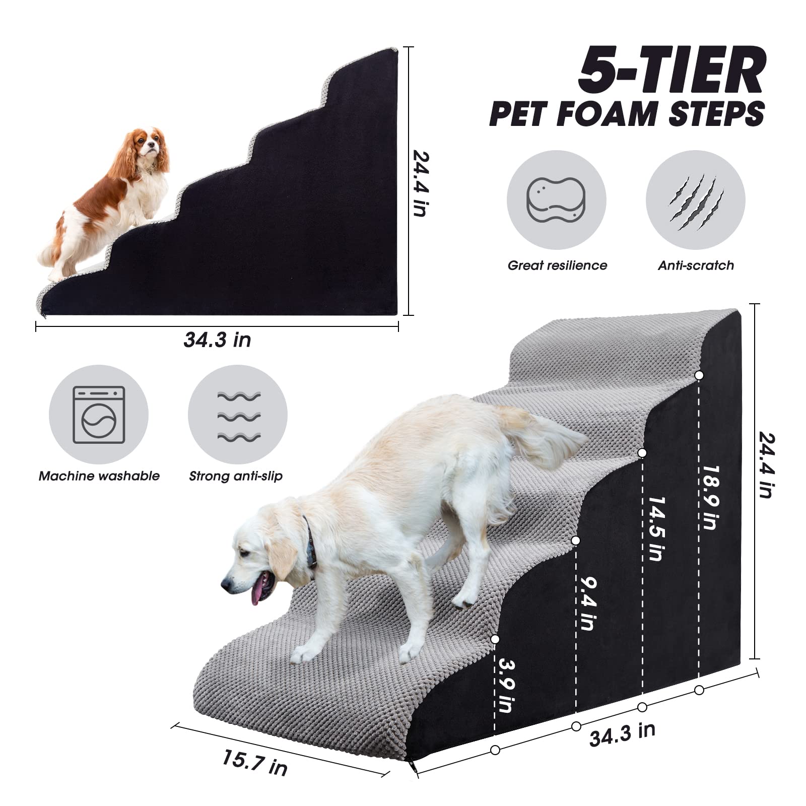 Foam 5 Tier Dog Steps&Stairs For High Beds 24.4 Inches High, Tall Extra Wide Pet Stairs/Steps For High Beds/Bedsides,Non-Slip Do