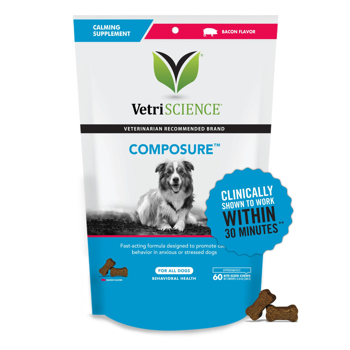 Vetriscience Composure Calming Chews For Dogs - Clinically Proven Dog Anxiety Relief Supplement With Colostrum, L-Theanine & Vitamin B1 For Stress, Storms, Separation & More, 60 Count, Bacon Flavor