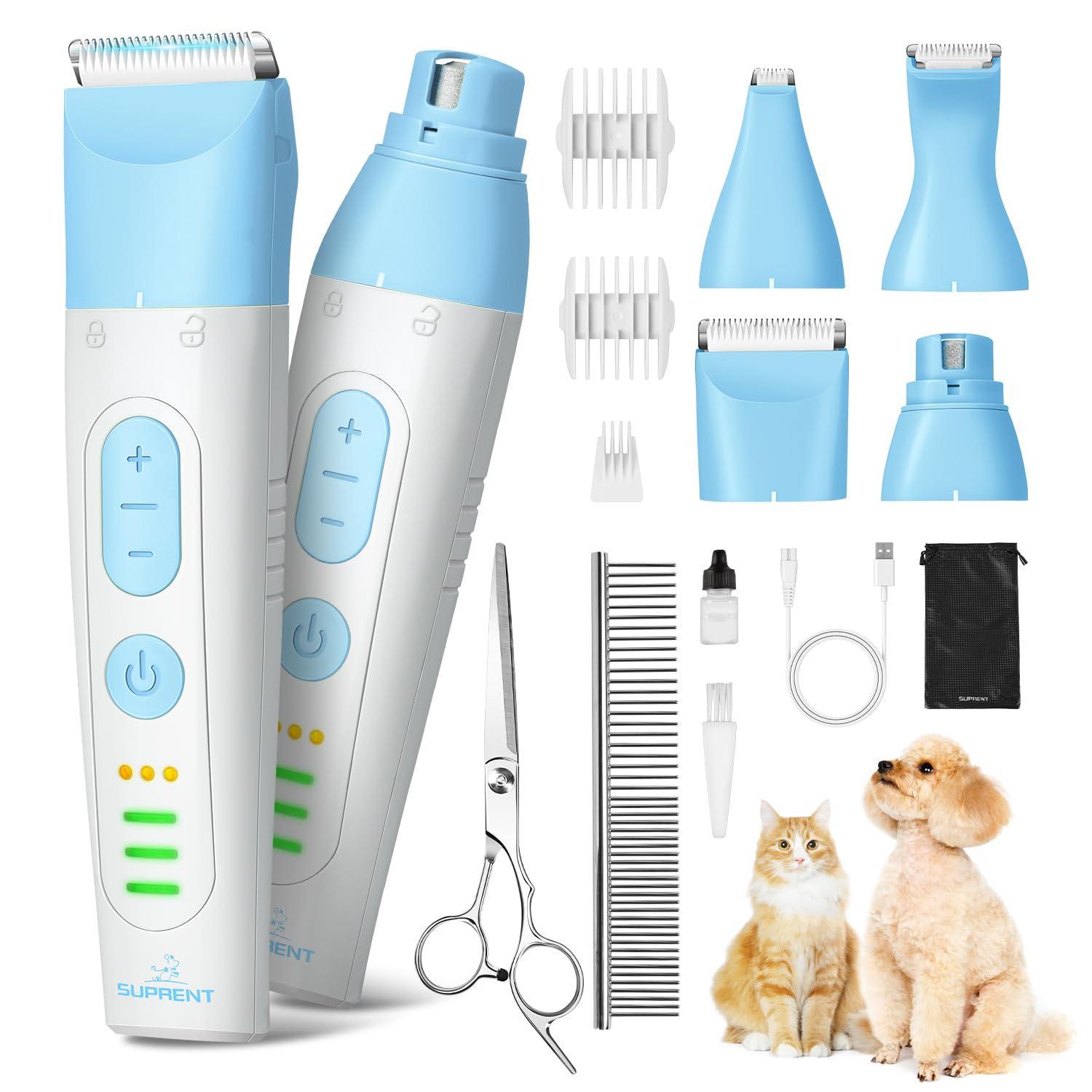 Suprent Dog Grooming Kit, 4 In 1 Quiet Pet Clippers For Grooming Supplies, Cordless Cat Paw Trimmer Dog Nail Grinder, Profession