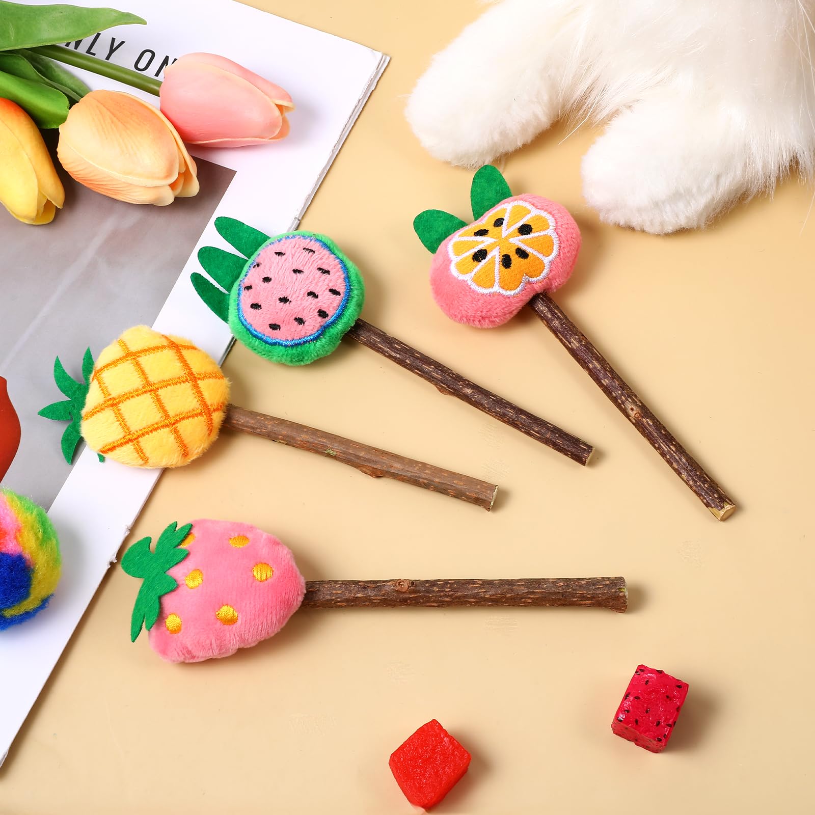 Ptwola 4 Pcs Natural Fruit Silvervine Sticks Cat Kittens Chew Toys Indoor Lollipops Interactive Cat DentalTeething Nip Treat Toy