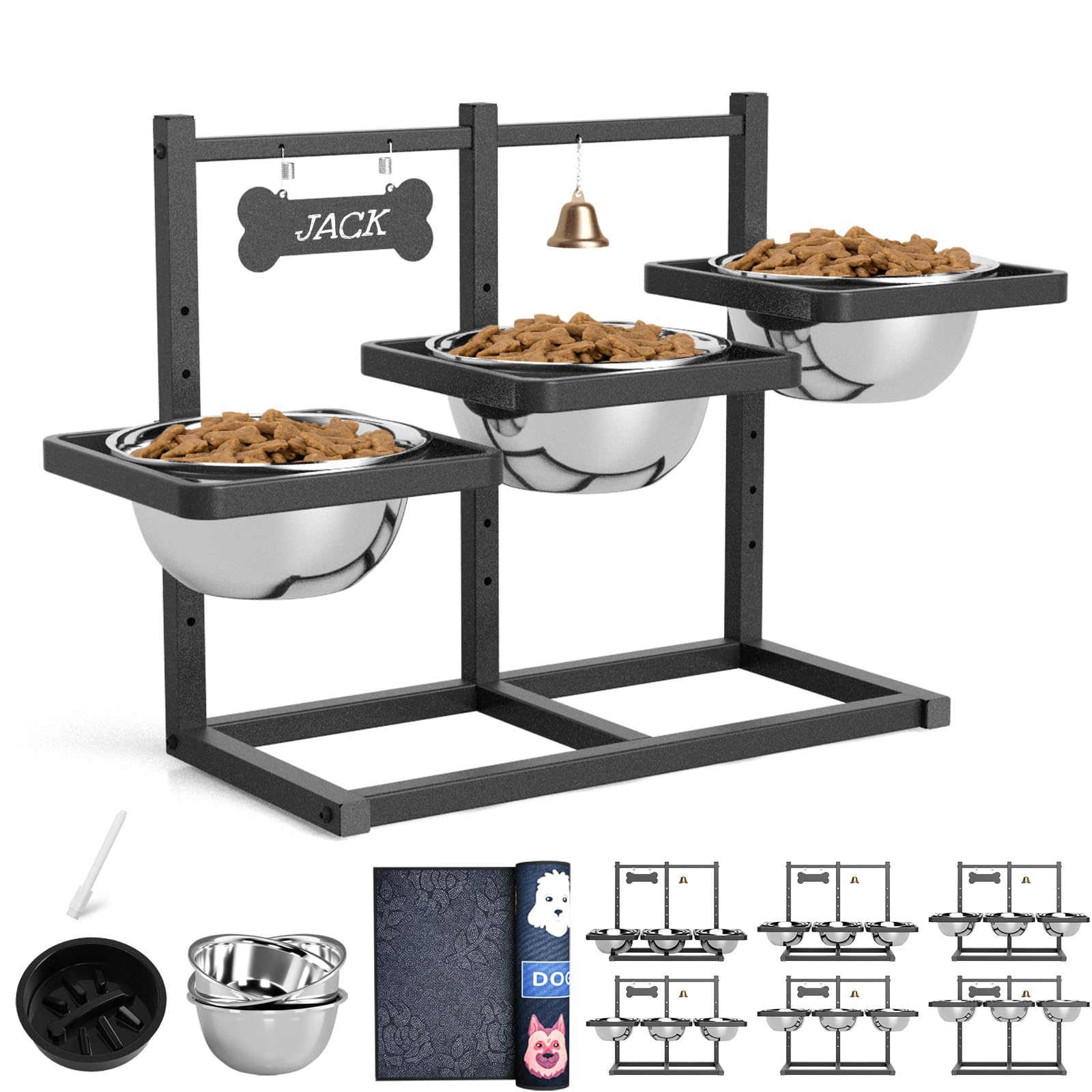 Elevated Dog Bowls for Large Dogs, 6 Height Adjustable Raised Stand with Mat, Slow Feeding Bowl and Three 1700ML Bowls, for Larg