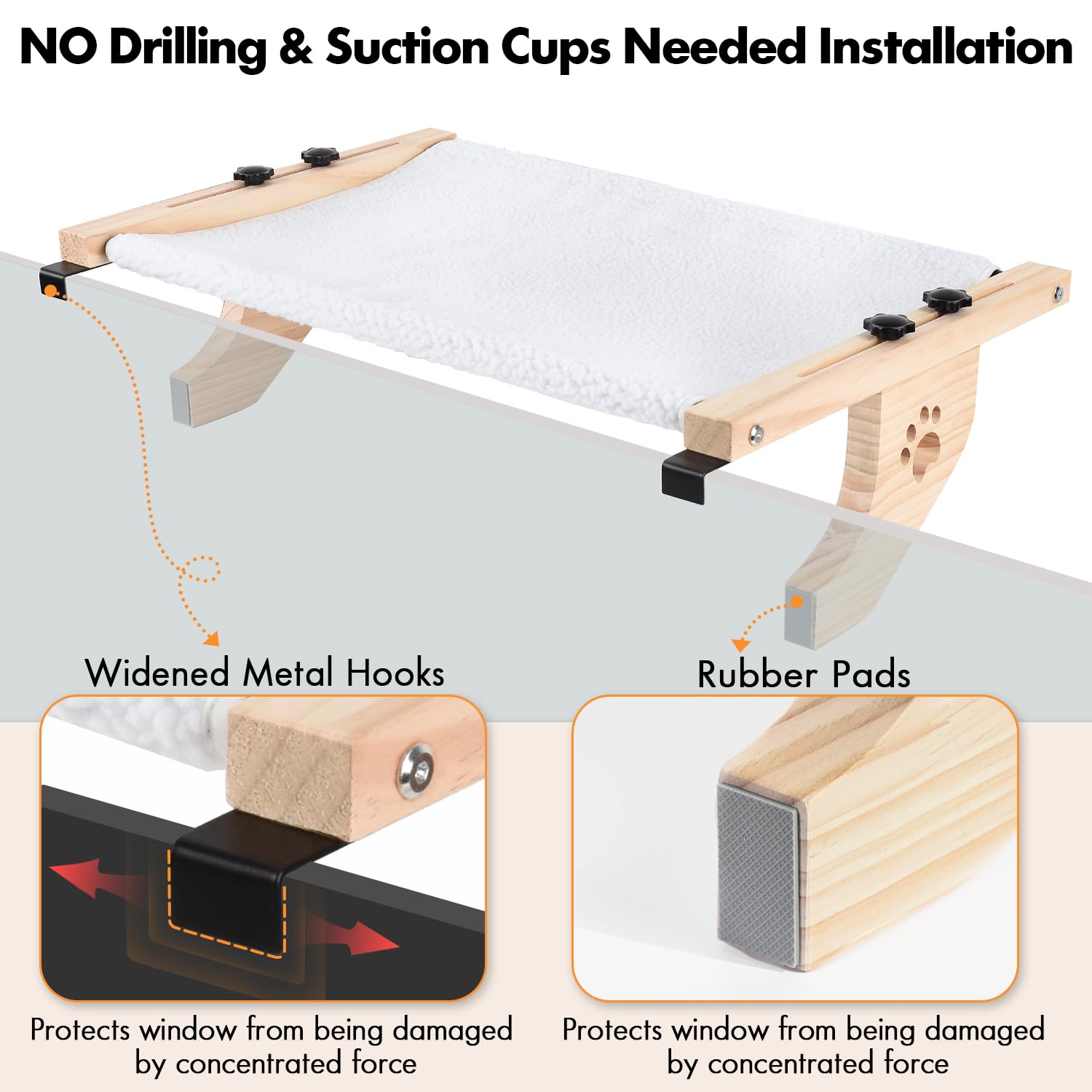 Amosijoy Cat Sill Window Perch Sturdy Cat Hammock Window Seat With Wood & Metal Frame For Large Cats, Easy To Adjust Cat Bed For Windowsill, Bedside, Drawer And Cabinet (24.4''-White Plush)