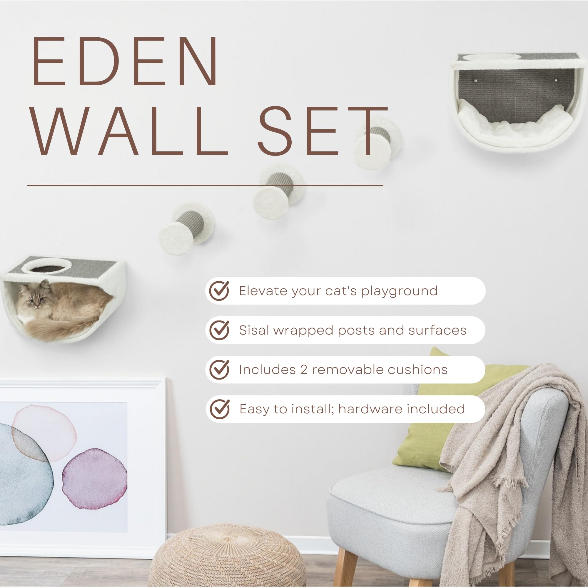 Trixie Eden Wall Mount Cat Tree 5Pc Set, 2 Condos And 3 Perches/Steps, Scratching Post, Gray