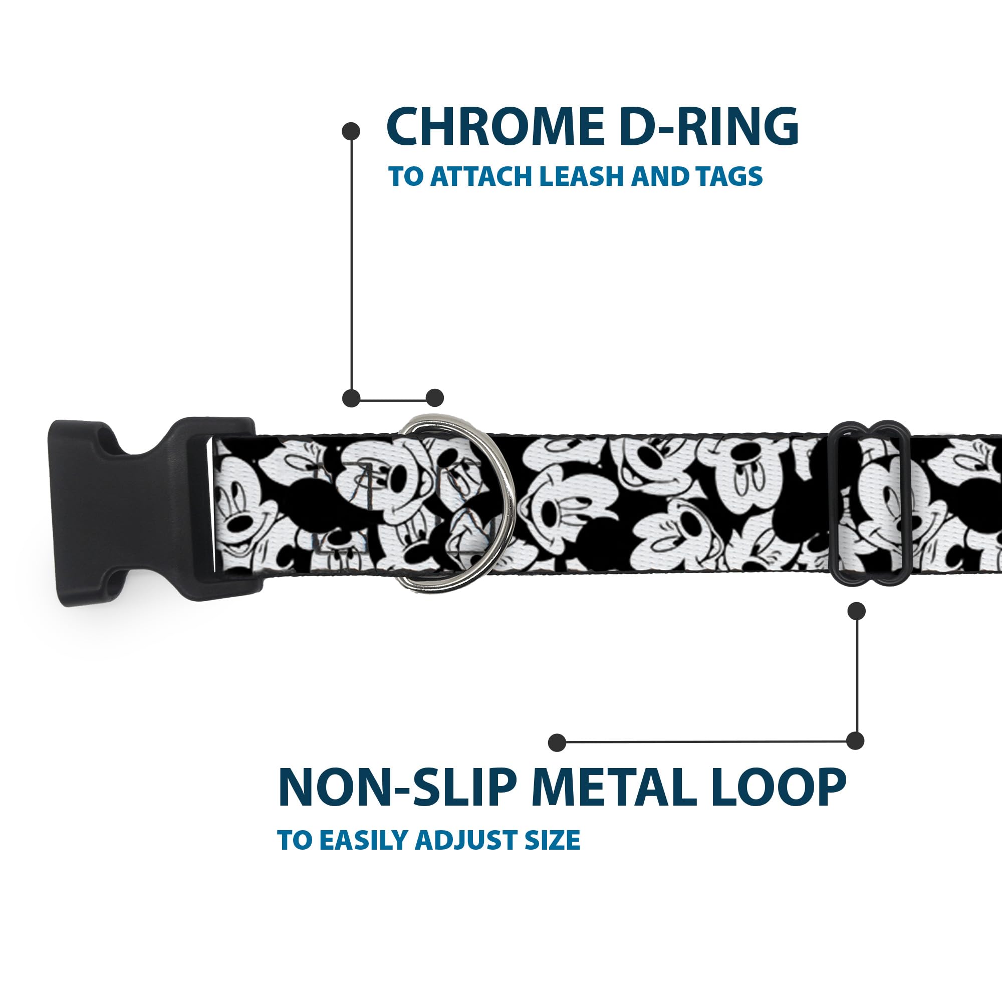 Buckle-Down Plastic Clip Collar - Mickey Mouse Expressions Stacked White/Black - 1/2 Wide - Fits 8-12 Neck - Medium