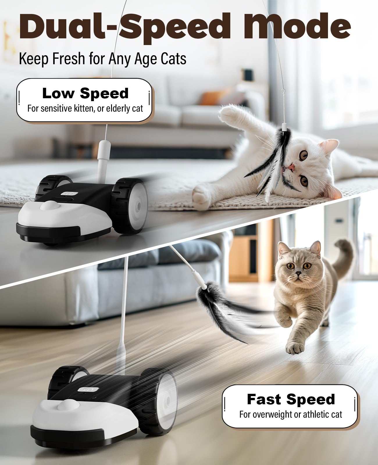 Cyros 3-In-1 Interactive Cat Toy - 2-Speed Automatic Moving Mouse Cat Toys Self Play With 2Pcs Hanging Feather String Ribbon And