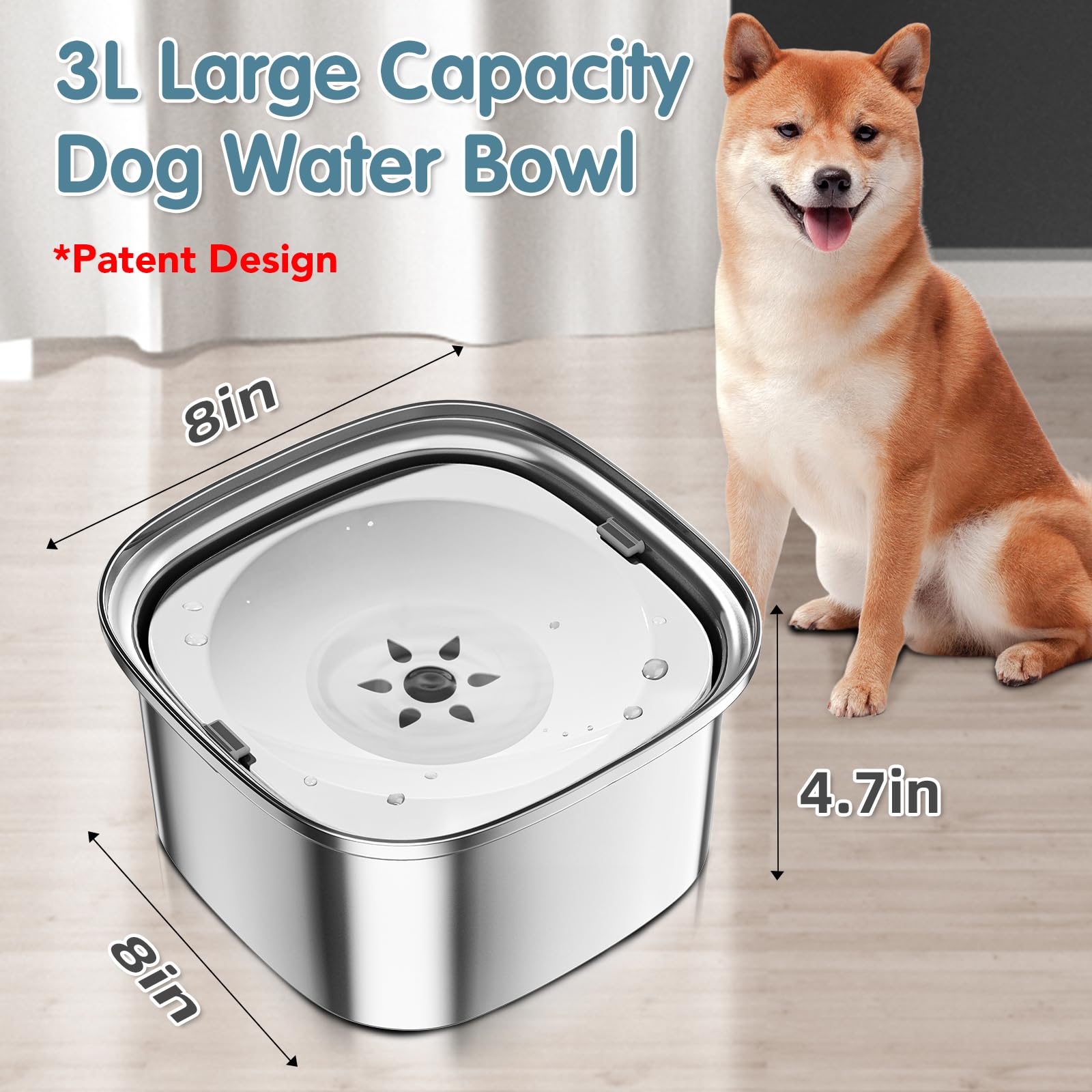 UPSKY 3L Stainless Steel Dog Bowl - 101oz No Spill Large Capacity Slow Water Feeder, Spill Proof Travel Bowl