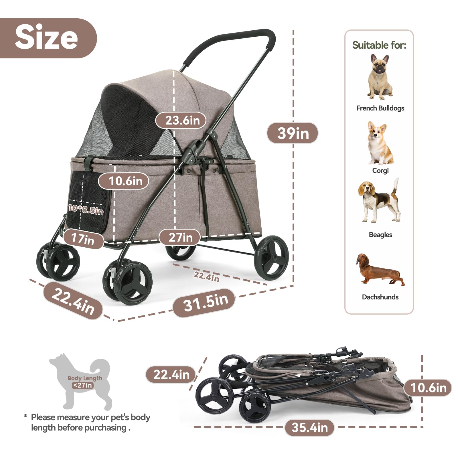 20% Larger Capacity, Wedyvko Dog Stroller for Medium/Small Pets w/Dog Poop Bags & Dispenser, Storage Pouch, Zipperless, Entry in