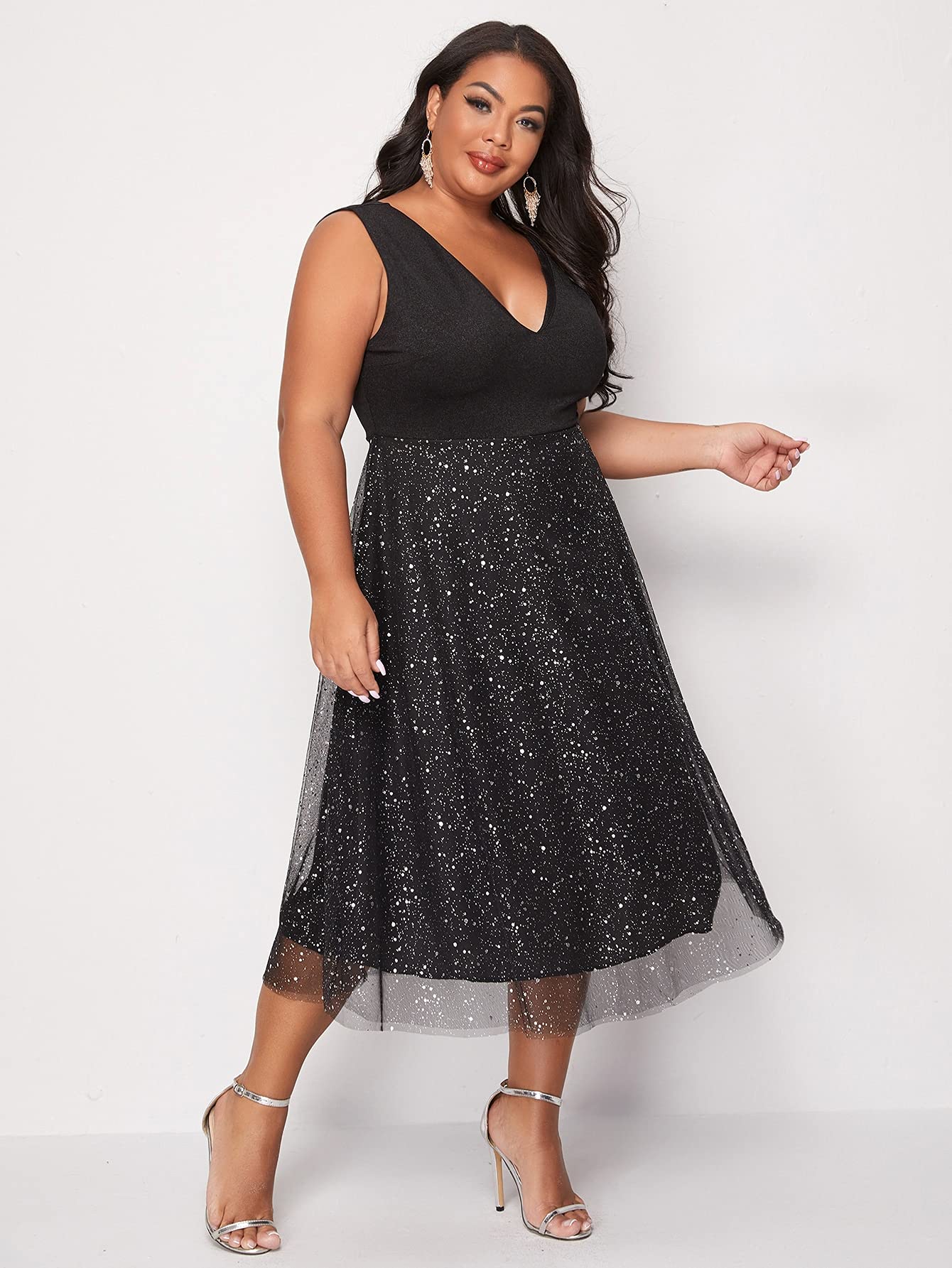 Floerns Womens Plus Size V Neck Sleeveless Sequin Cocktail Party Midi Dress Black 1Xl -Like New
