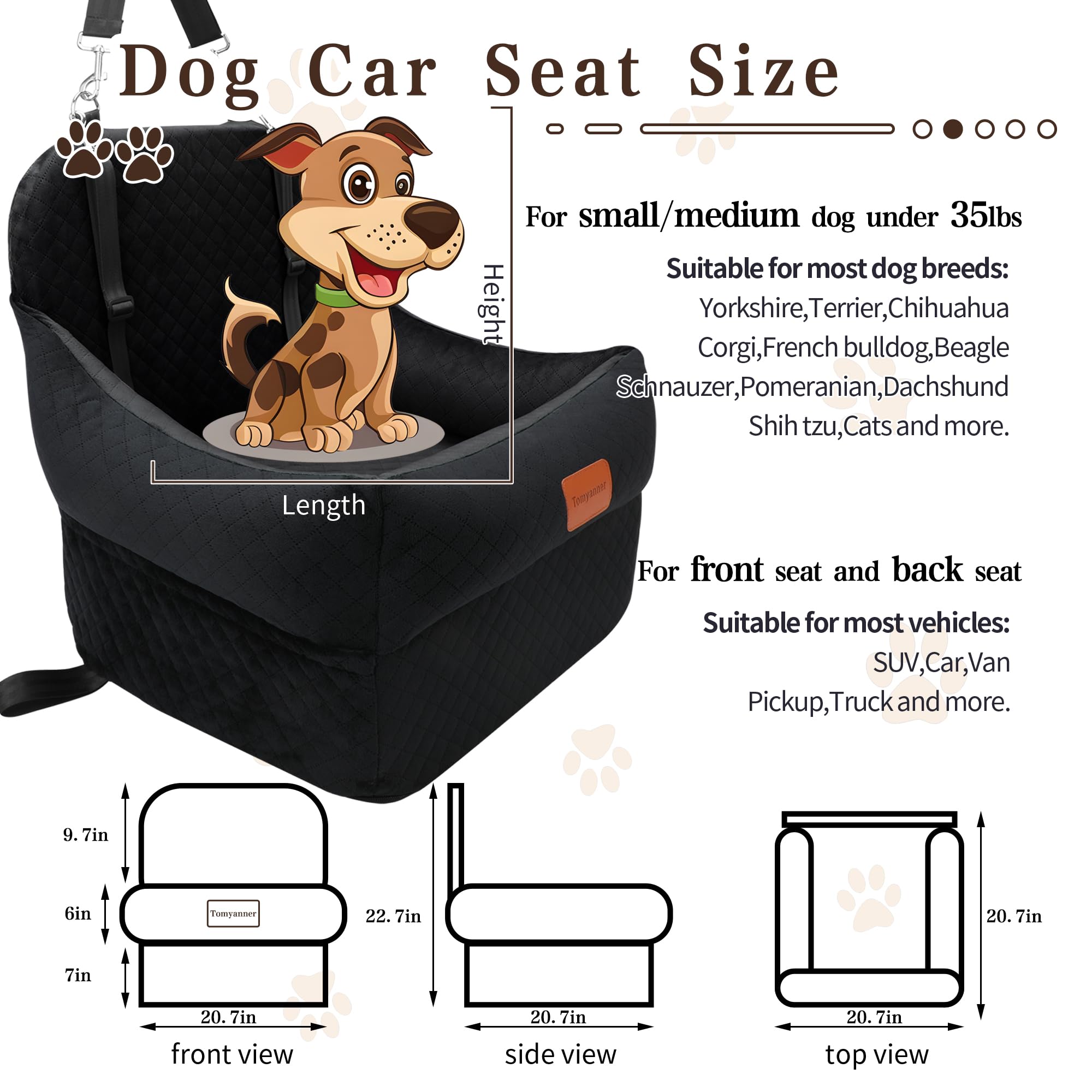 Dog Car Seat-Dog Booster Car Seat with 7Interior Height,Pet Travel Car Seat with 2 Safety Leashes,Car Dog Seat Restraint Small