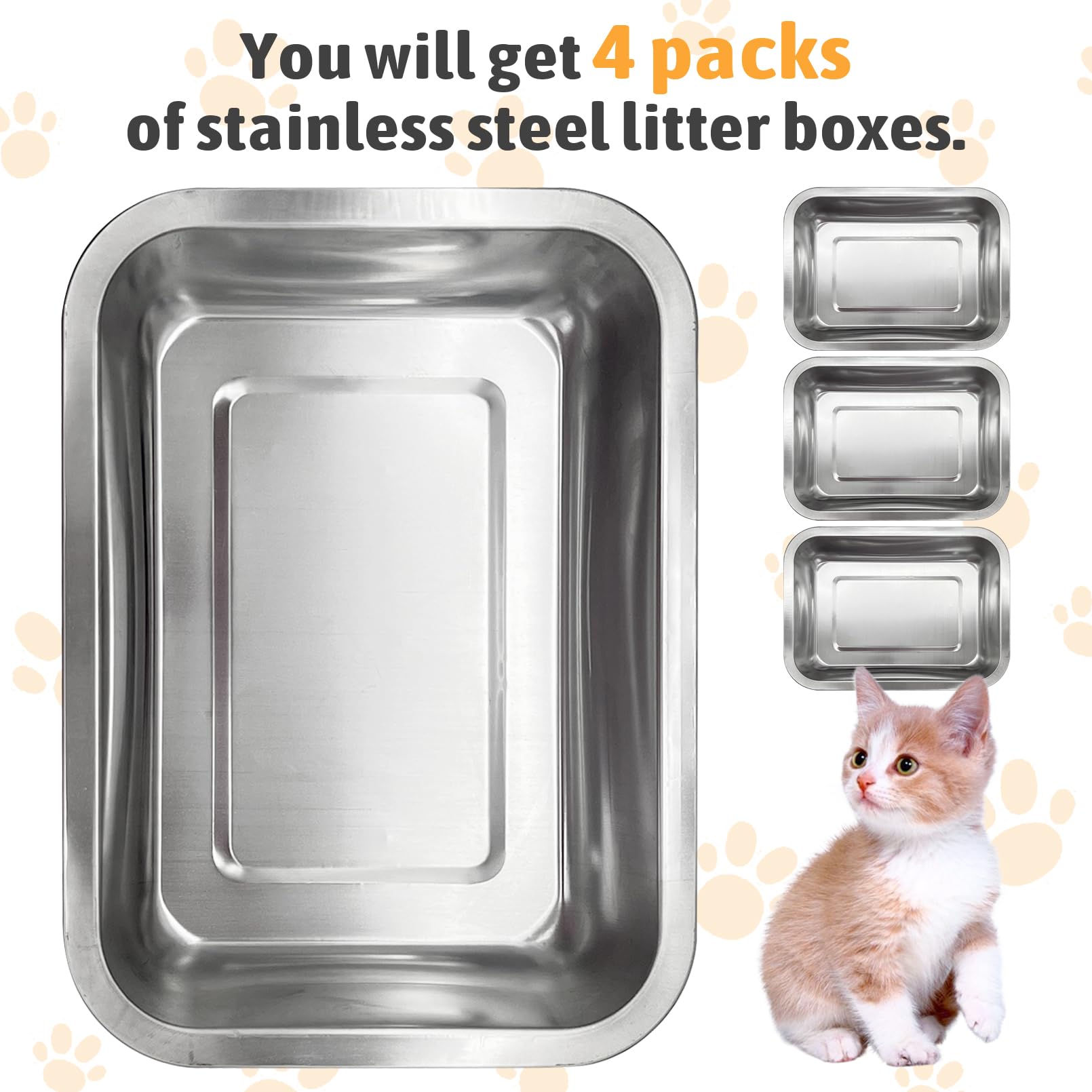 Fhiny 4Pack Stainless Steel Litter Box, Small Size Low Entry Metal Cat Open Litter Pan Potty Training Toilet Odor Control Easy T