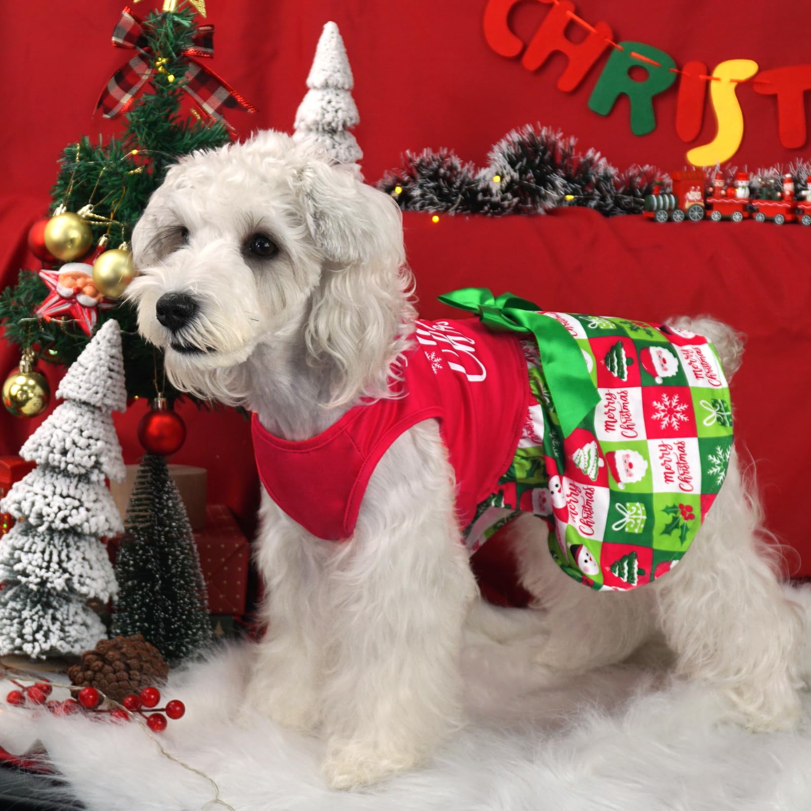 Xpudac Dog Christmas Outfit Dog Dress Holiday Puppy Clothes For Small Dogs Girl, Pet Costume Cat Outfits Red Green-Xs