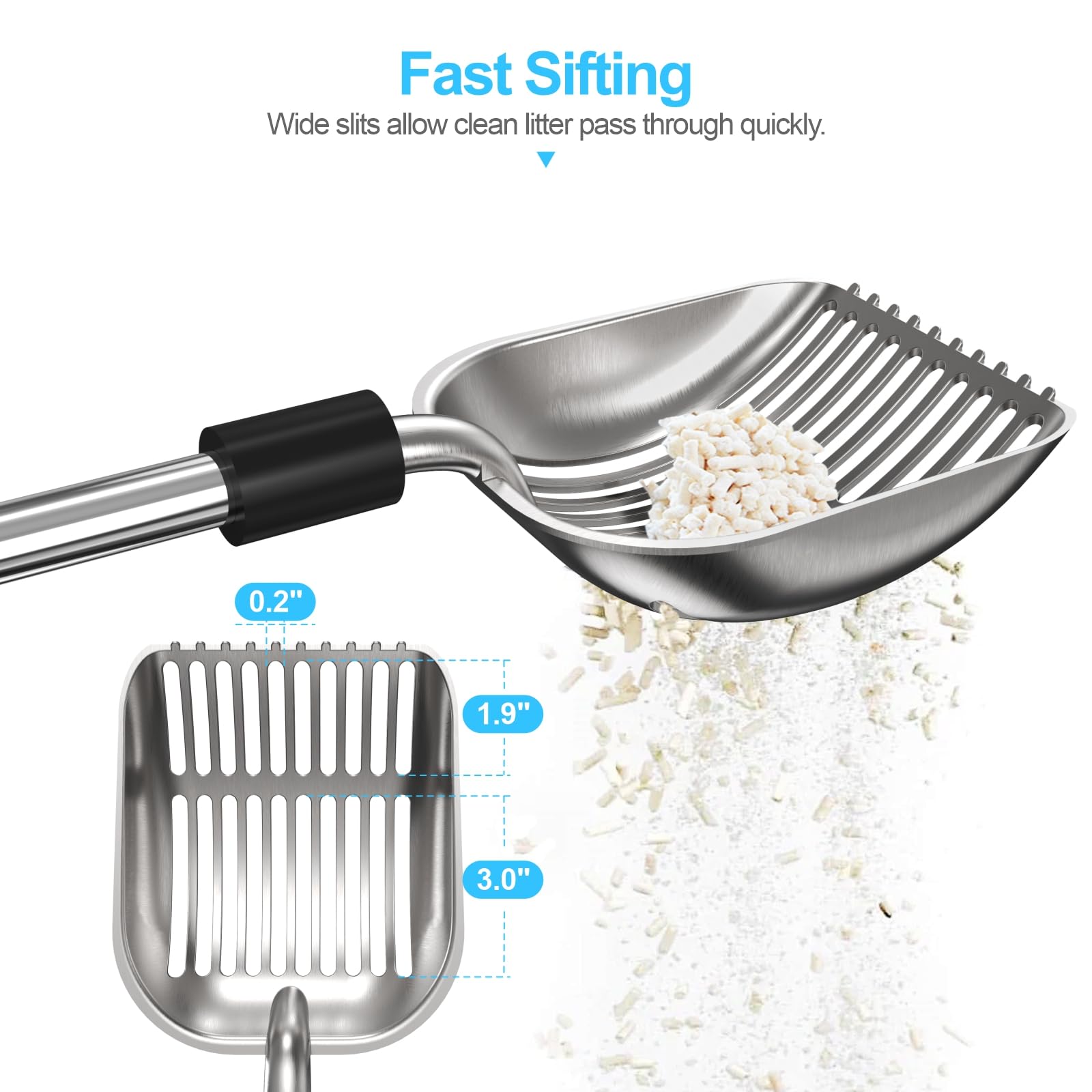 Depets Cat Litter Scoop, Metal Litter Scooper With Deep Shovel, Detachable Long Handle Cat Litter Sifter With Holder, Large Dura