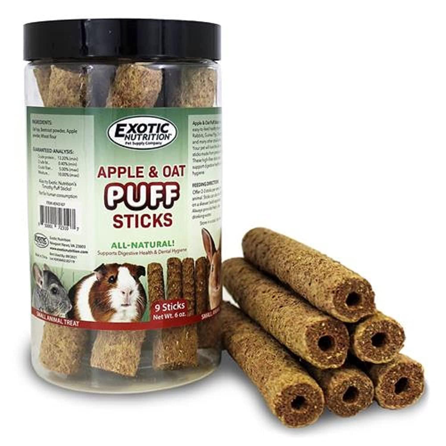 Apple & Oat Puff Sticks (6 oz.) - Healthy Natural High Fiber Chew Treat Made with Oat Hay - Rabbits, Guinea Pigs, Hamsters, Chin