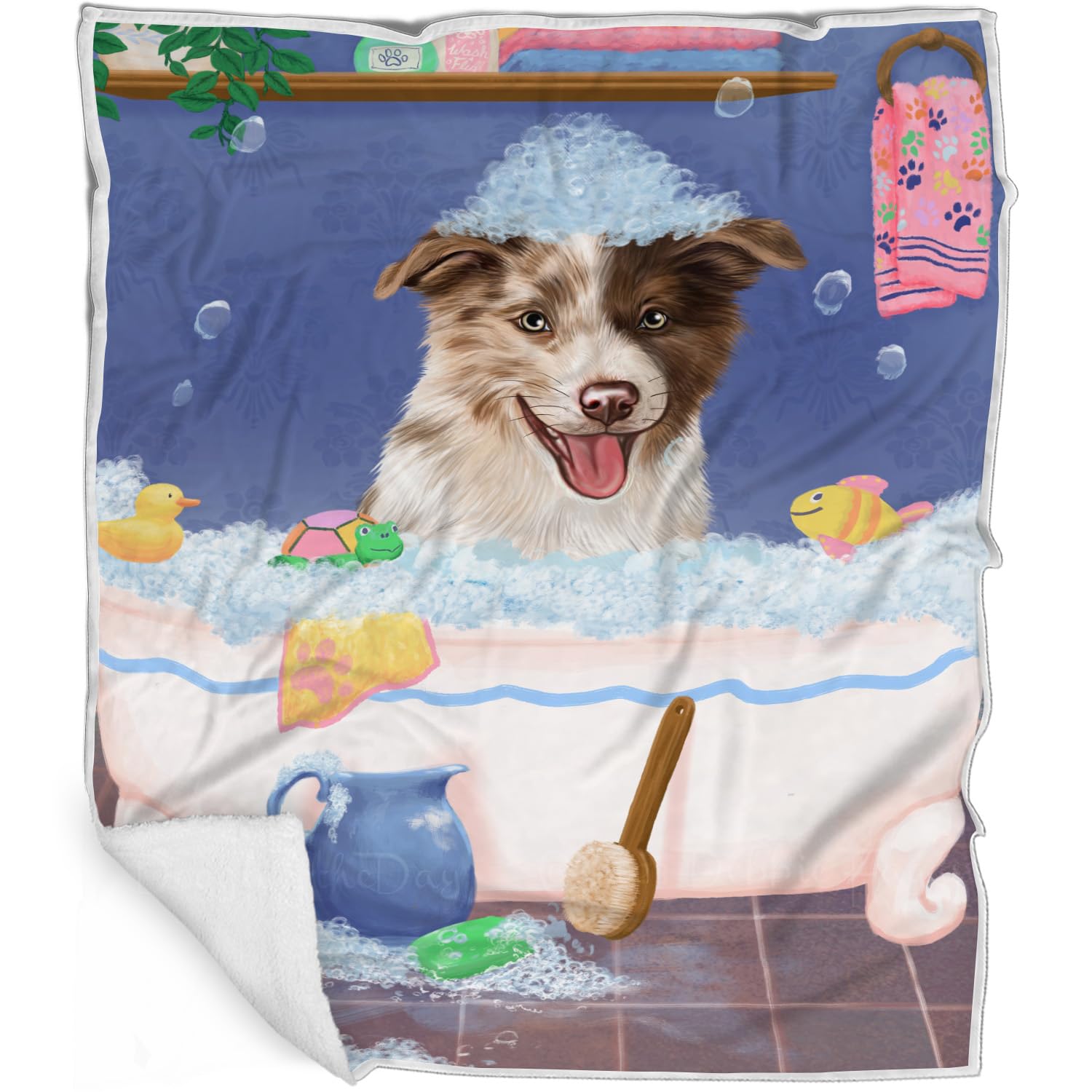 Rub A Dub Dog in A Tub Border Collie Dog Blanket  Lightweight Soft Cozy and Durable Bed Blanket  Animal Theme Fuzzy Blanket fo