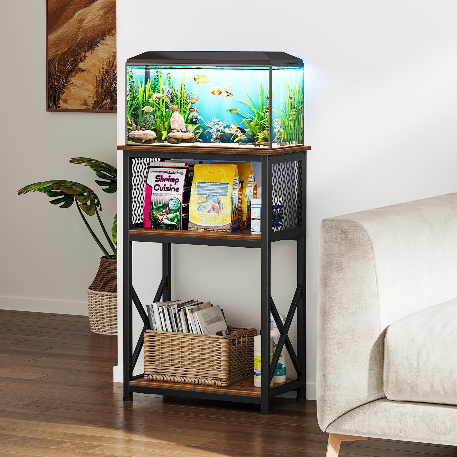 Snughome 10 Gallon Aquarium Stand with Storage, 3 Tier Heavy Metal Fish Tank Stand Shelf 20.47 x 11.42 x 30.91, Rustic Brown