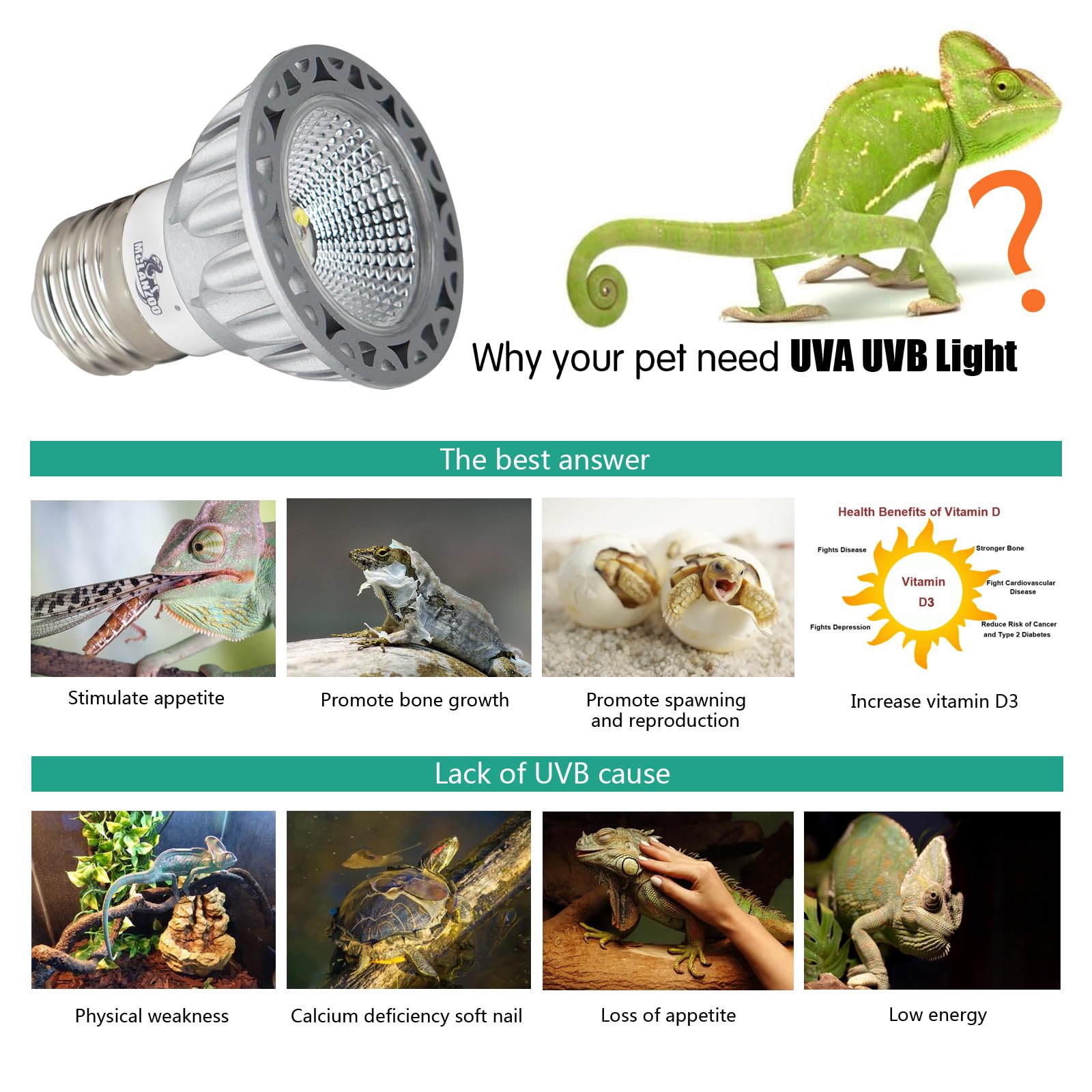 Mclanzoo Uvb Reptile Light High Intensity Led Bulb 3W 5.0 Turtle Calcium Lamp Full Spectrum Sun Heat Lamp For Rainforest Reptile