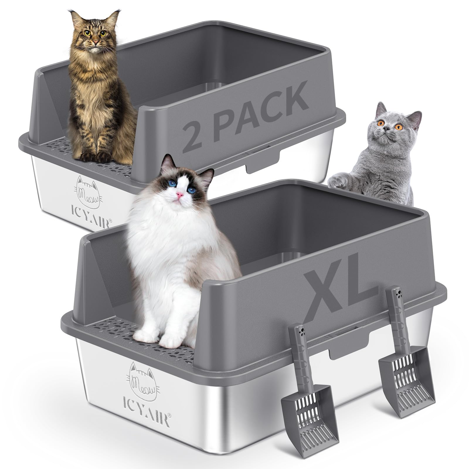 2Pack Stainless Steel Cat Litter Box With High Sides Lid, Extra Large Xl Litter Box For Big Cats, Metal Kitty Litter Boxes With 