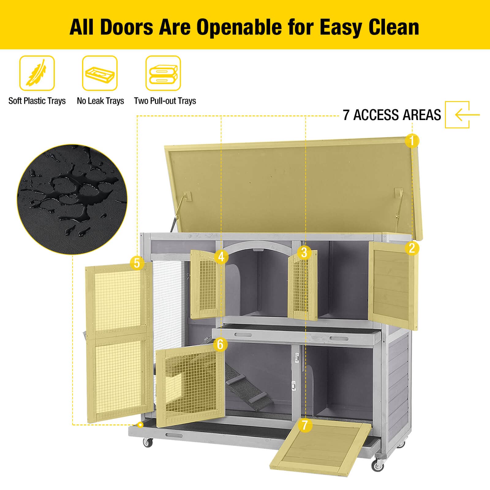 Aivituvin Bunny Cage Rabbit Hutch Indoor Rabbit Cage With Wheels Outdoor Rabbit House With Two Plastic Tray, Foldable Door (Gery