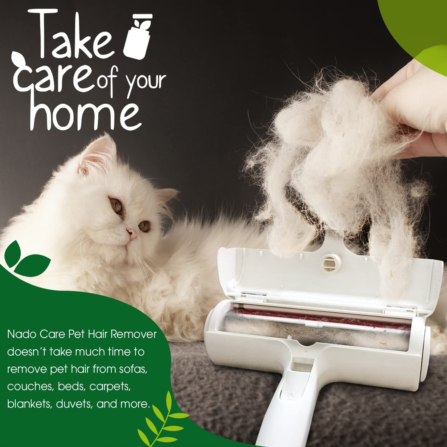 Nado Care Pet Hair Remover - Lint Roller - Self Cleaning Dog & Cat Fur Remover - Remove Dog, Cat Hair From Furniture, Carpets, Bedding, Clothing, Couch, Car Seat White